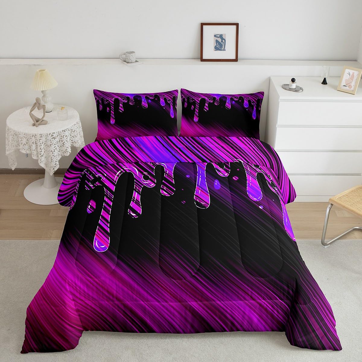 Juego de edredón en forma de gota morado reversible para cama Queen