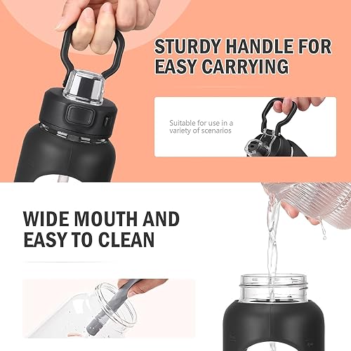 Miniatura 4 de Kodrine Botella de agua con popote y asa de transporte, botella de agua de vidrio de 24 onzas con tapa de bloqueo a prueba de fugas con boquilla de