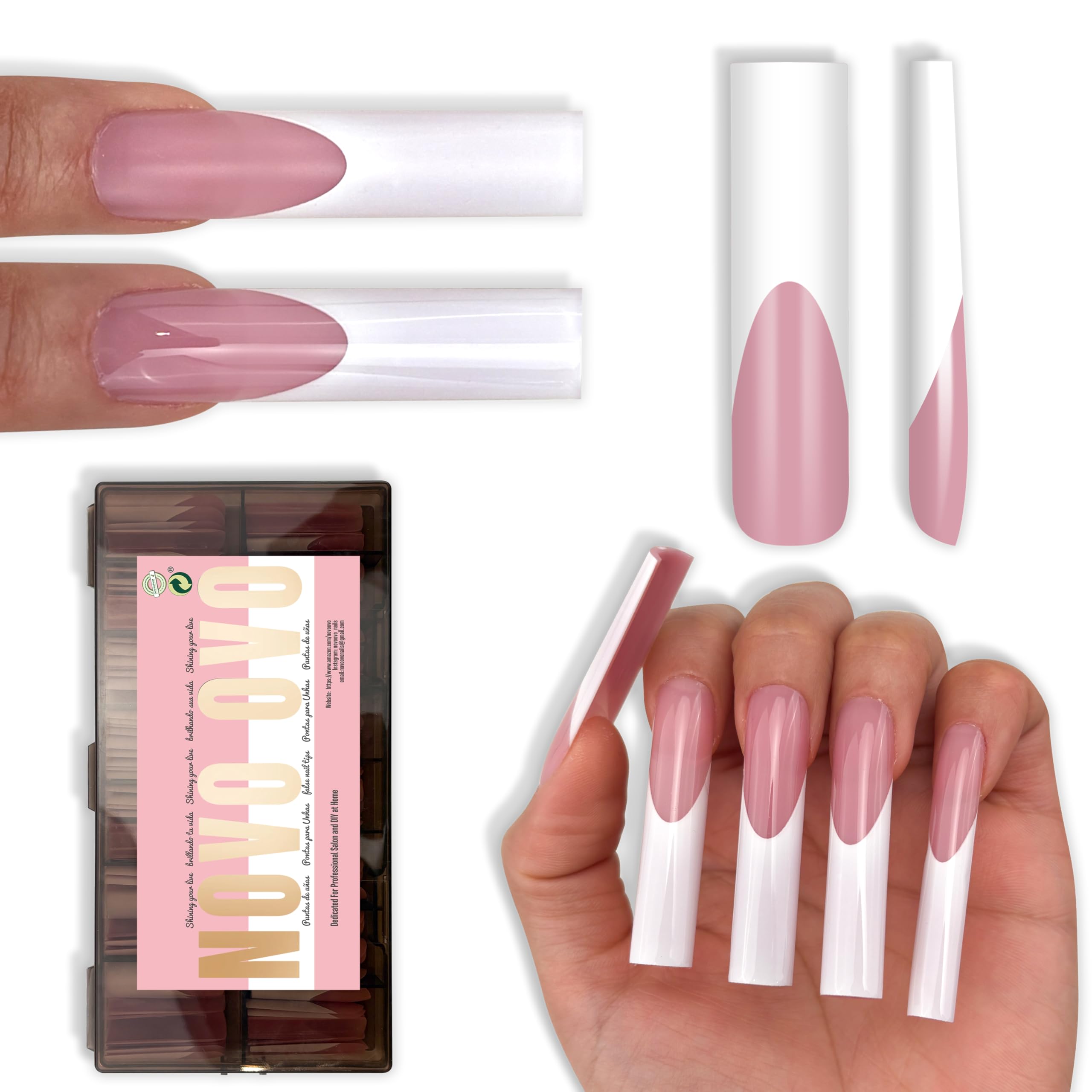 NOVO OVO Press on Nails XXL Square - 150 szt. miękkich żelowych tipsów do paznokci, wstępnie pokolorowane jagody różowe i białe francuskie, bardzo długie, 46 mm, prosty kształt, sztuczne paznokcie