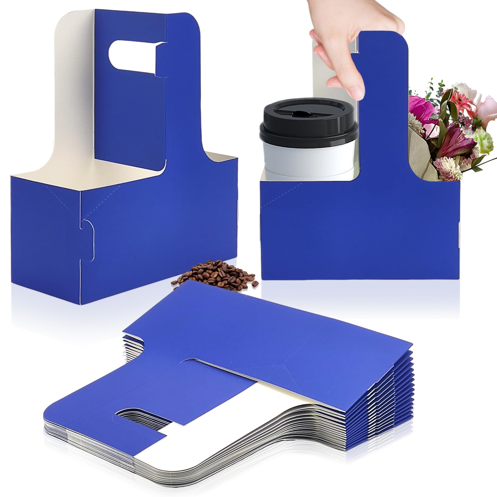 2 Cup Disposable Drink Carrier for Delivery with Handle,15 Count Blue Paperboard Cup Holder,Cup Carriers for Hot or Cold Drinks,Coffee Carrier, Food