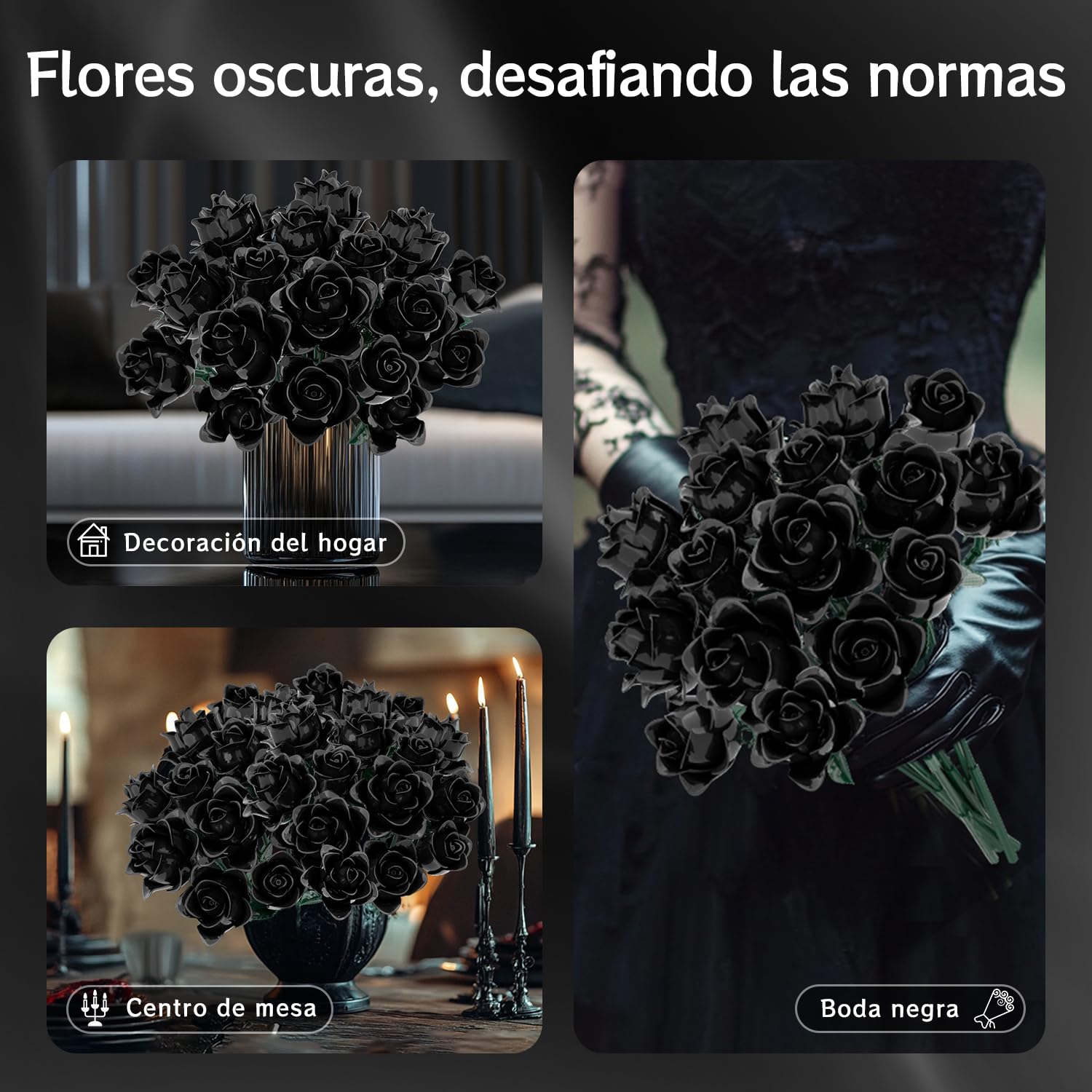 Mavo brix Set de Ramo de Rosas Negras, Colección Botánica de Flores Artificiales para Adultos, Decoración Gótica para el Hogar Mujeres y Niñas, 585 Piezas