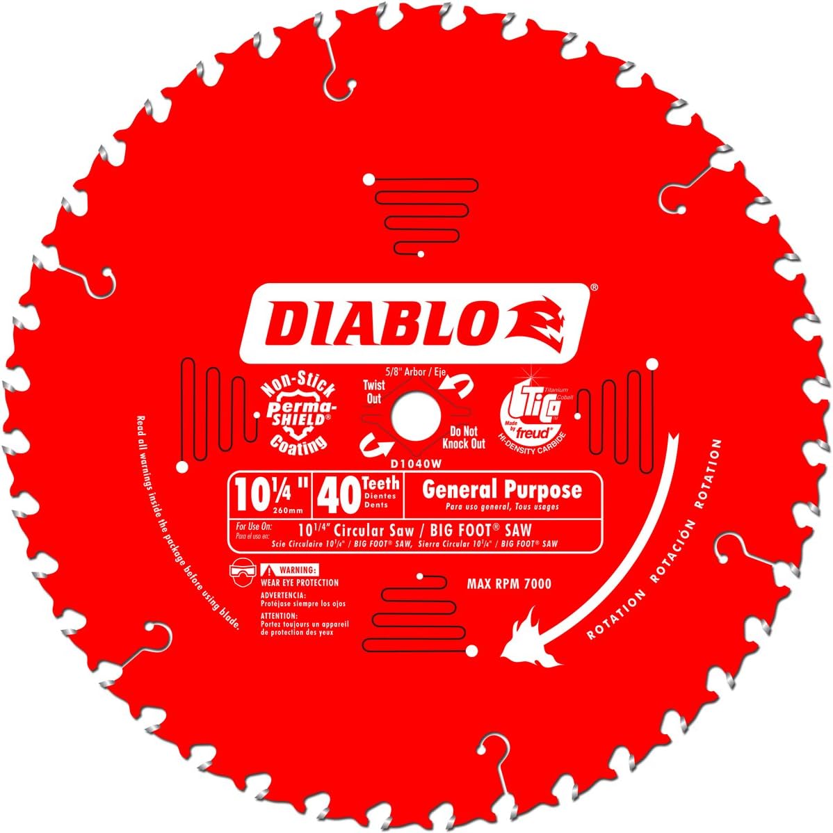 Diablo General Purpose Beam Saw Blade for Wood - 12" Diameter, 40 ATB Teeth, 5/8" Arbor, .087" Kerf, 18� Hook Angle, .063" Plate, 7000 Max RPM - D1040W, Red
