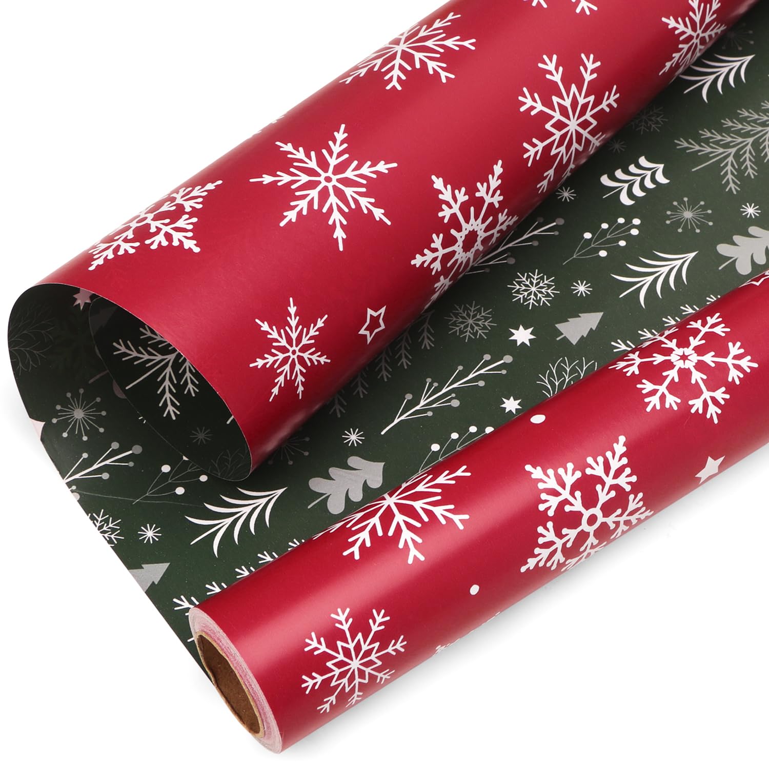 Ribbli Papel de regalo de Navidad, reversible, copo de nieve y árbol de Navidad, papel de regalo rojo y verde, 17 pulgadas x 33 pies por rollo