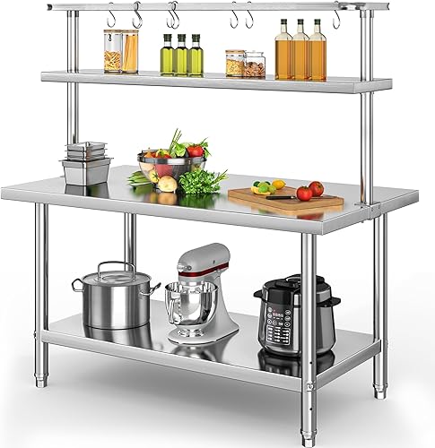 YITAHOME Mesa de acero inoxidable de 60 x 36 pulgadas, mesa de trabajo NSF con estante y ganchos de 60 x 12 pulgadas, mesa de preparación de mesa de