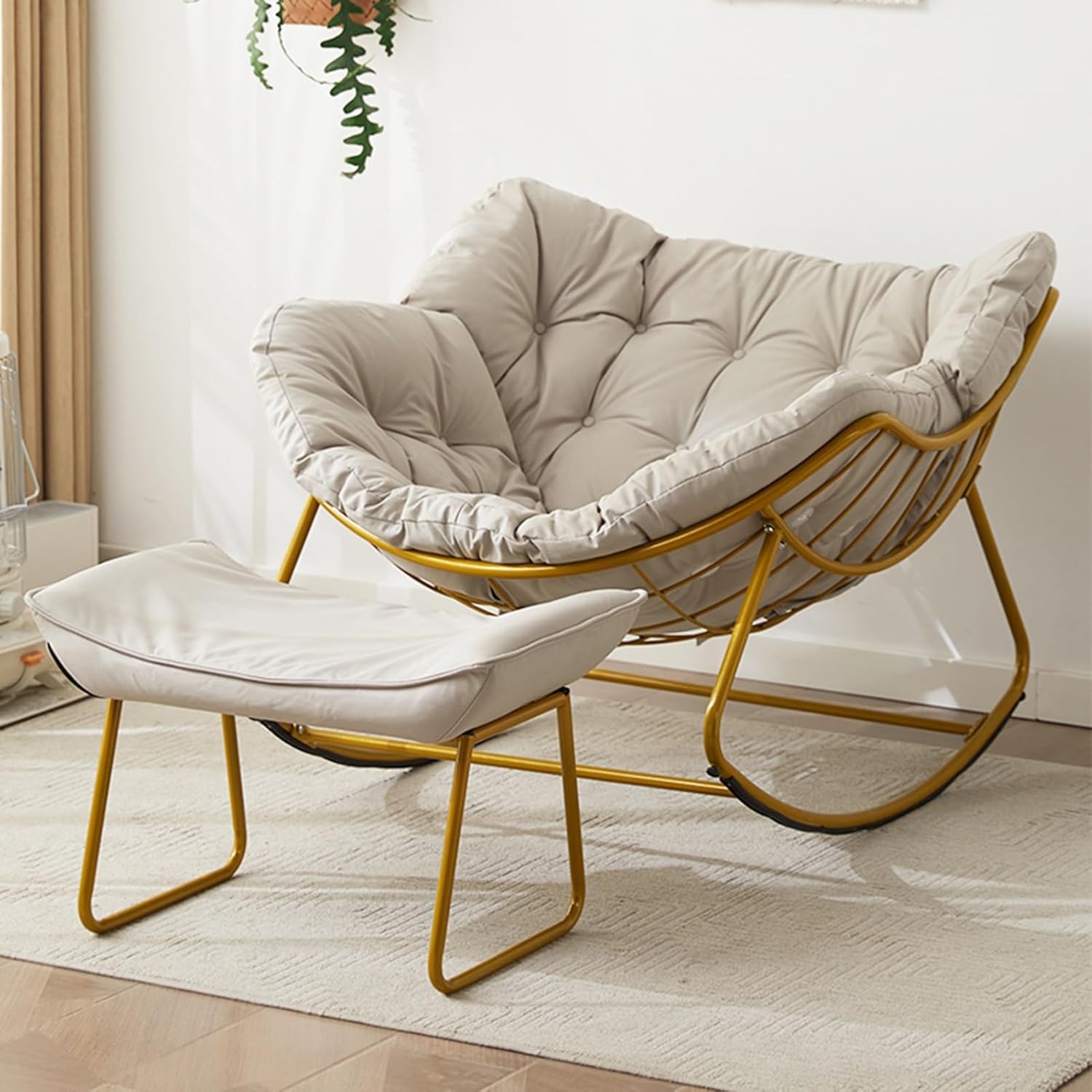 Outdoor Patio Rocking Chair, Comfortable Upholstered Rocking Chair, Modern Lounge Chair for Front Porch, Balcony, Garden, Lawn, Living Room, with Large Cushion and Ottoman(Gray)