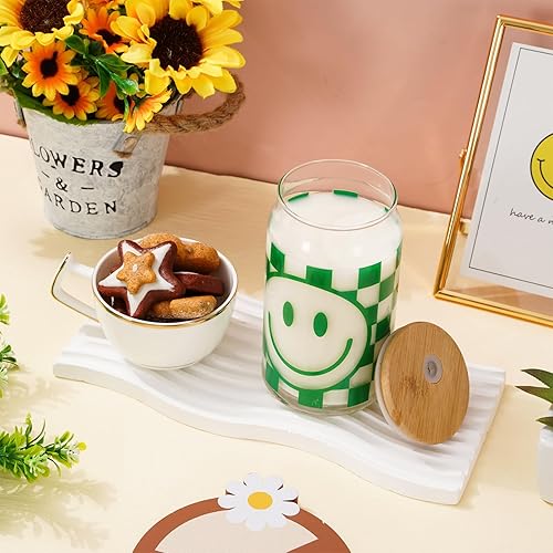 Miniatura 3 de Whaline Paquete de 4 vasos a cuadros de preparación con cara feliz, 16 onzas, café helado con tapa de bambú y popote para cóctel, whisky, cerveza,