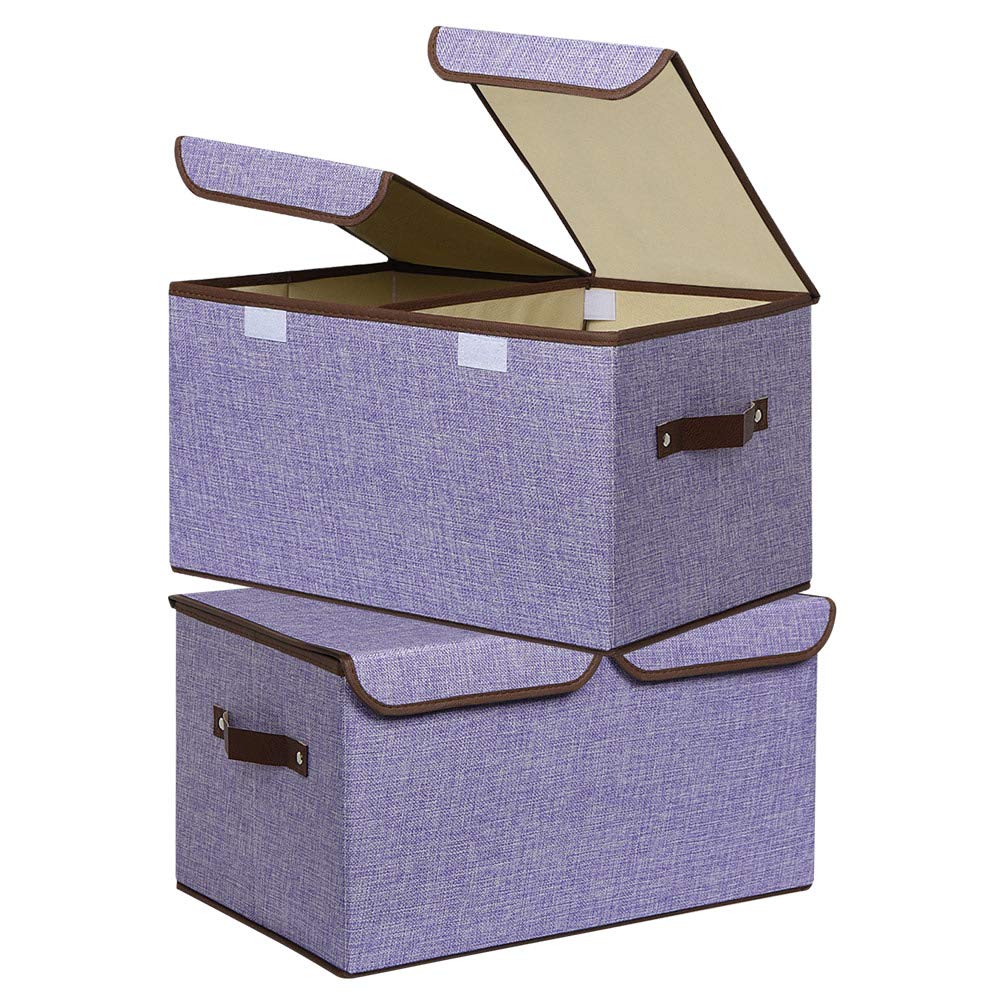 UUJOLY Large Storage Bins Linen Fabric Foldable Basket Cubes Organizer Storage Boxes Drawer with Lid and Handles for Home, Office, Closet, Bedroom,