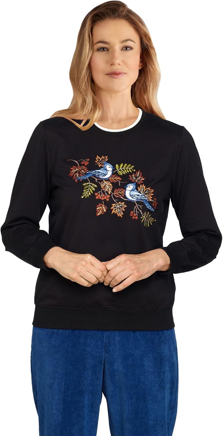 Alfred Dunner Womens Petite Blue Birds Top, Black, PXL