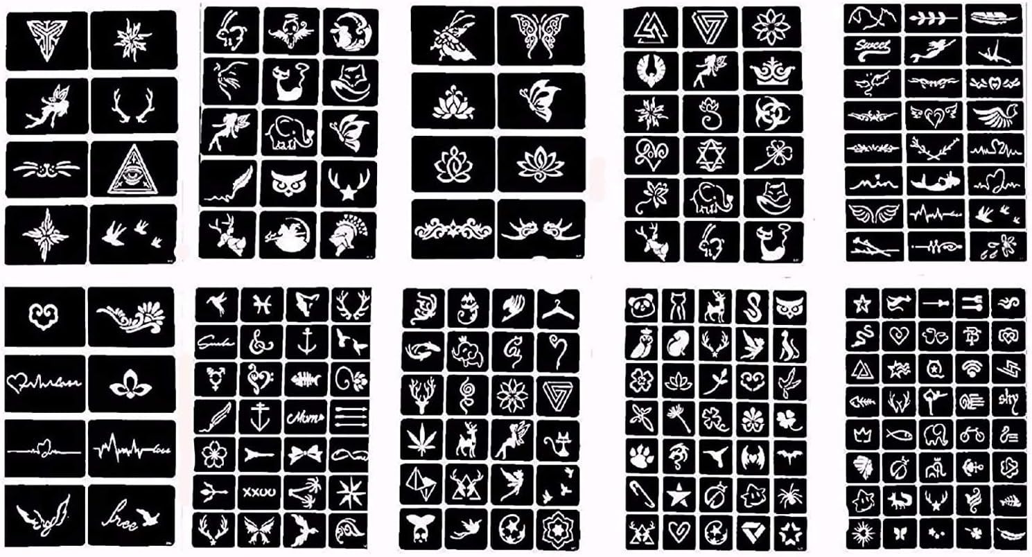 Professional Tattoo Stencil +100 Self-adhesive Temporary Tattoo Templates for Henna/Airbrush/Face paint/Glitter