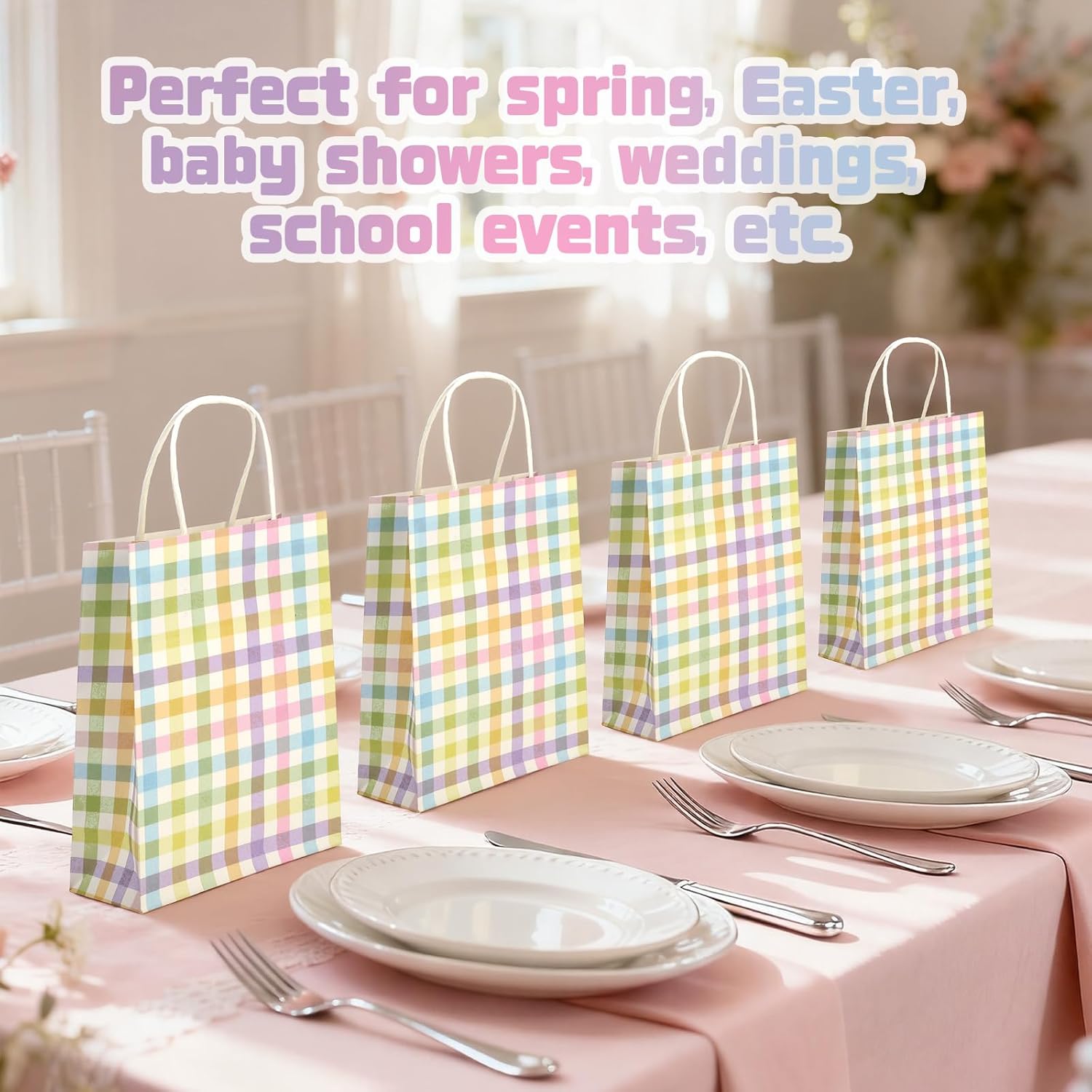 Paterr 24 Pcs Pastel Plaid Paper Gift Bags Spring Gingham Party Favor Bags Colorful Checkered Goodie for Pastel Spring Easter Party Supplies Decoration, 8.3" x 5.9" x 3.1" - Image 5