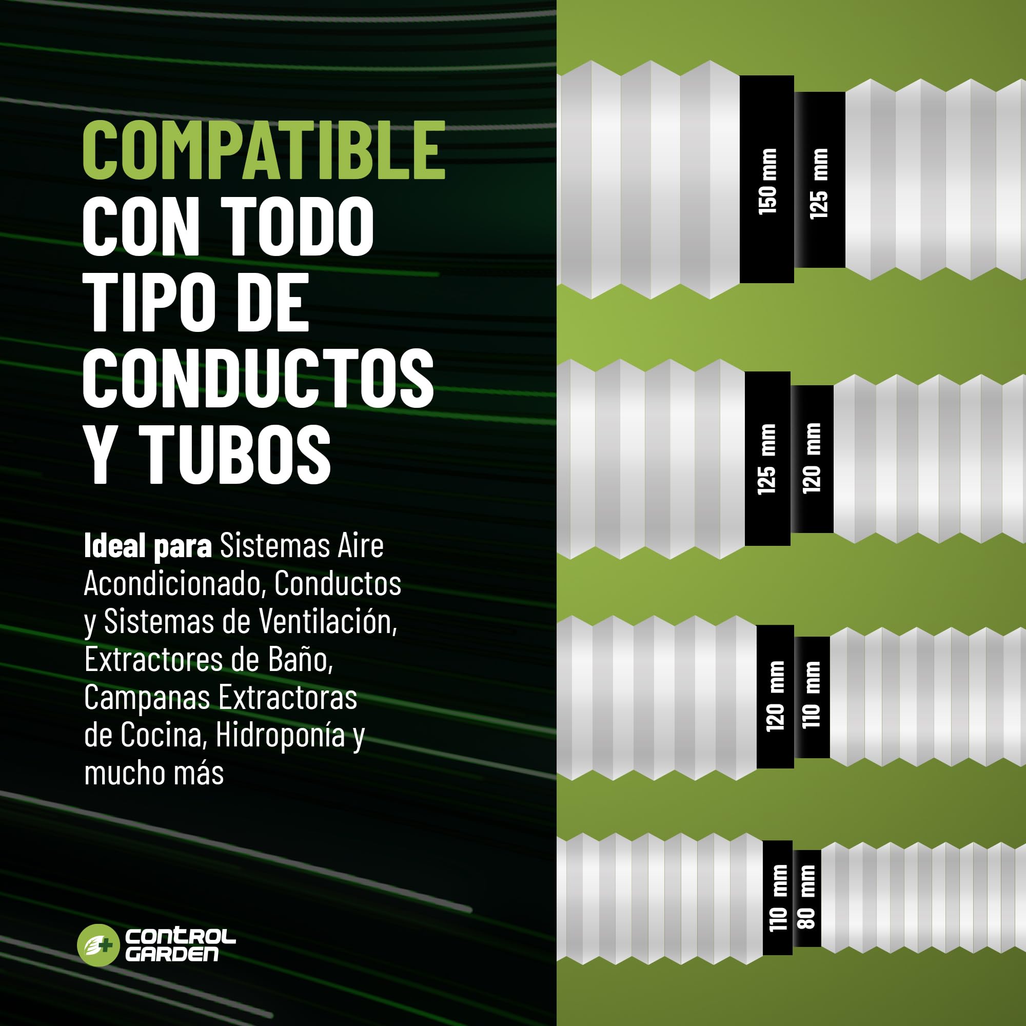 CONTROL GARDEN Reductor Universal para Sistemas Ventilación - Acople Conector para Conductos Ventilación Diámetro Ø 80 100 120 125 150 mm - Reductor Tubo Negro