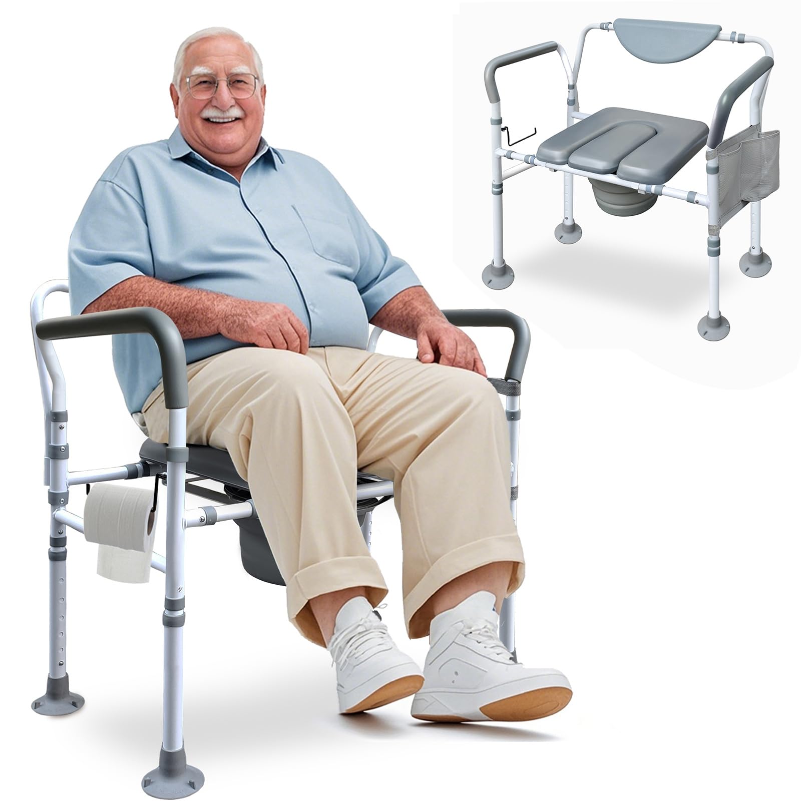 Aliseniors Bariatric Bedside Commode Chair, 500 lbs Extra Wide Toilet Seat | 4-in-1 Bedside Commode, Shower Chair, Toilet seat, Height Adjustable, Padded Seat for Seniors & Post-Surgery, Home Assistance