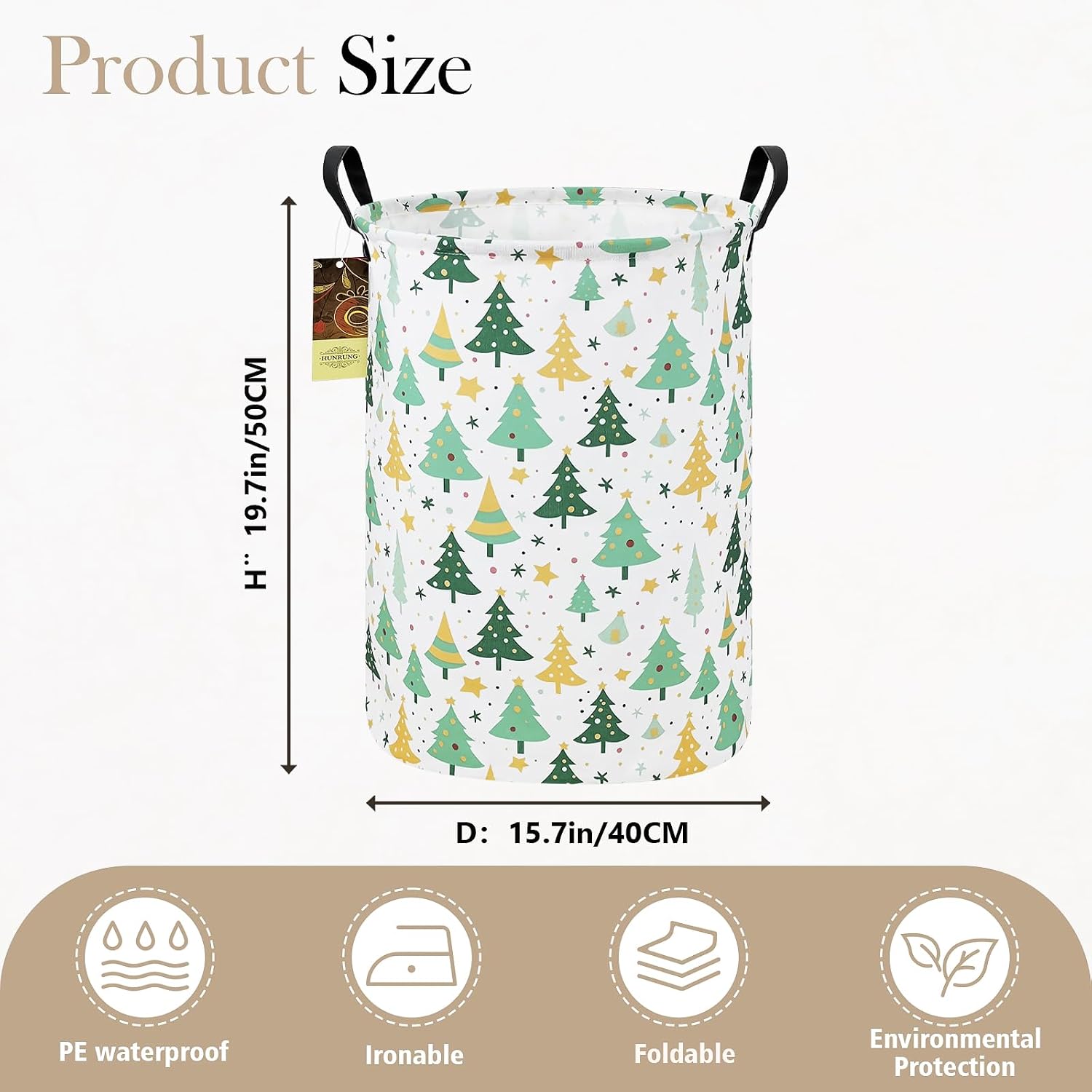 Round Collapsible Fabric Storage Basket,Laundry Hamper(Christmas tree) | Waterproof Fabric, Foldable clothes storage bin with sturdy handles, fits bedroom & bathroom, 15.7 in L x 19.7 in H