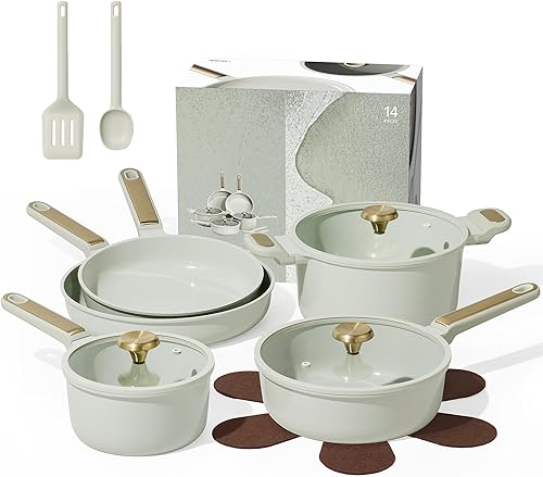 CAROTE Juego de utensilios de cocina de cerámica antiadherente, 14 ollas y sartenes antiadherentes, no tóxico y sin PFAS, apto para lavavajillas,