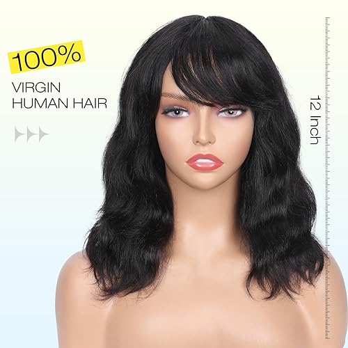 Miniatura 2 de WIGNEE Pelucas de cabello humano ondulado natural con flequillo, pelucas de cabello humano sin pegamento, pelucas de cabello humano ondulado con