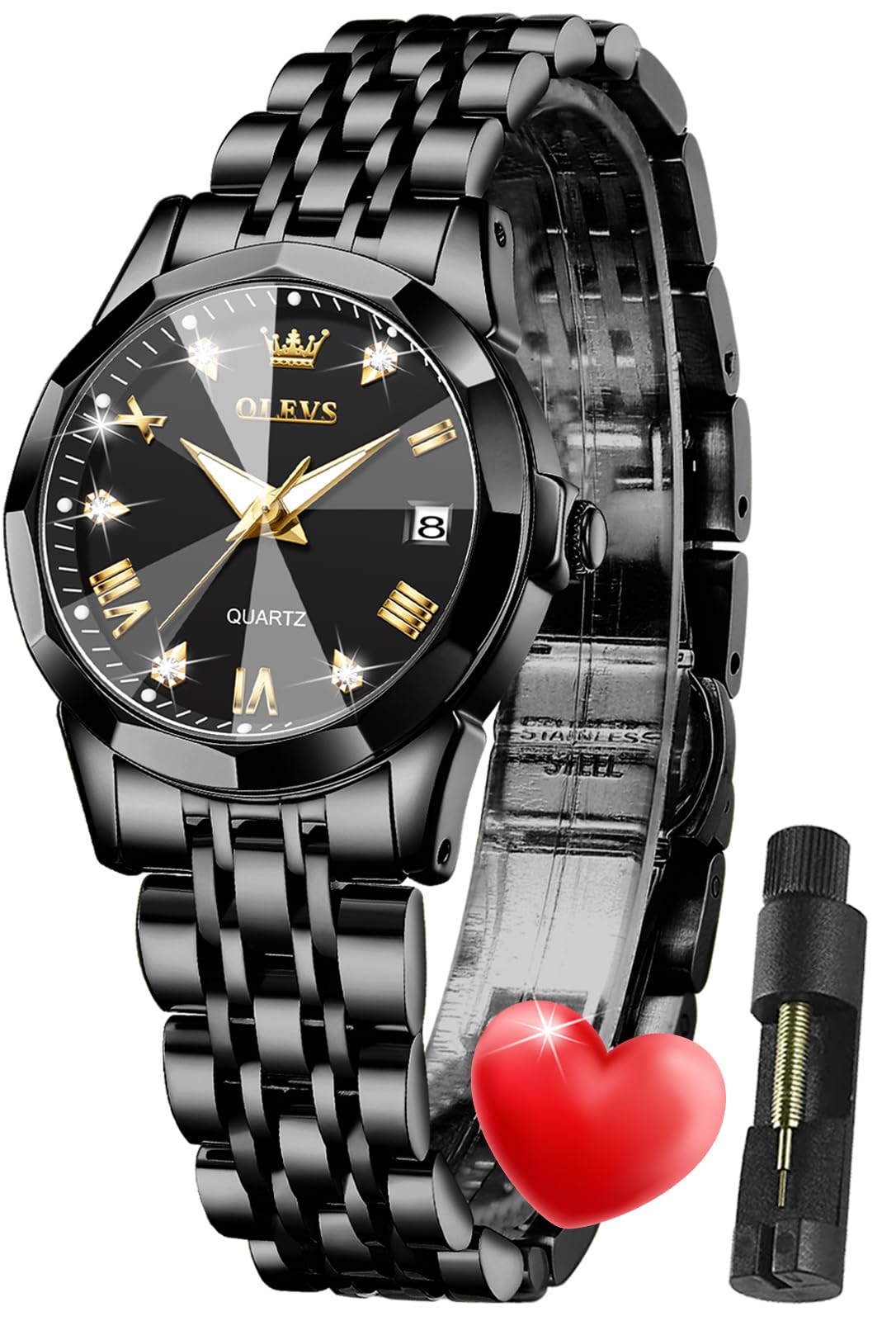 OLEVS Damen Uhr Quarzuhr mit Diamant Edelstahlarmband Wasserdicht Datumsanzeige Elegante Damenuhr für Frauen Geschenke zum Muttertag
