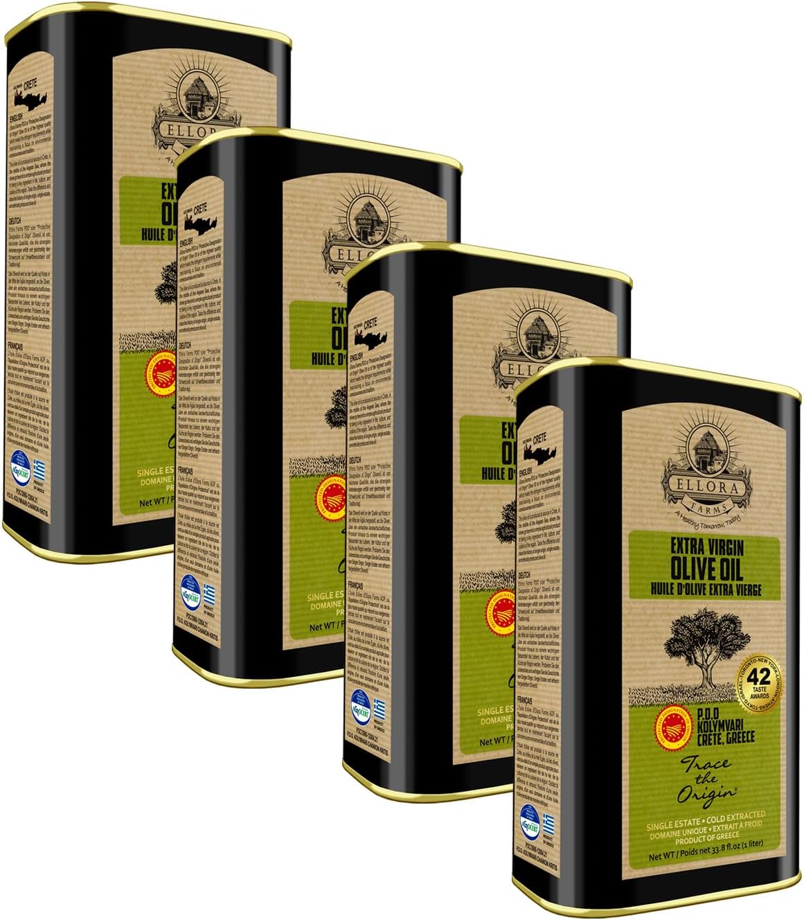 Single Estate PDO Greek Extra Virgin Olive Oil, Cold Pressed & Traceable Olive Oil, Kosher, 1 Lt Tin (33.8 oz.), Pack of 4