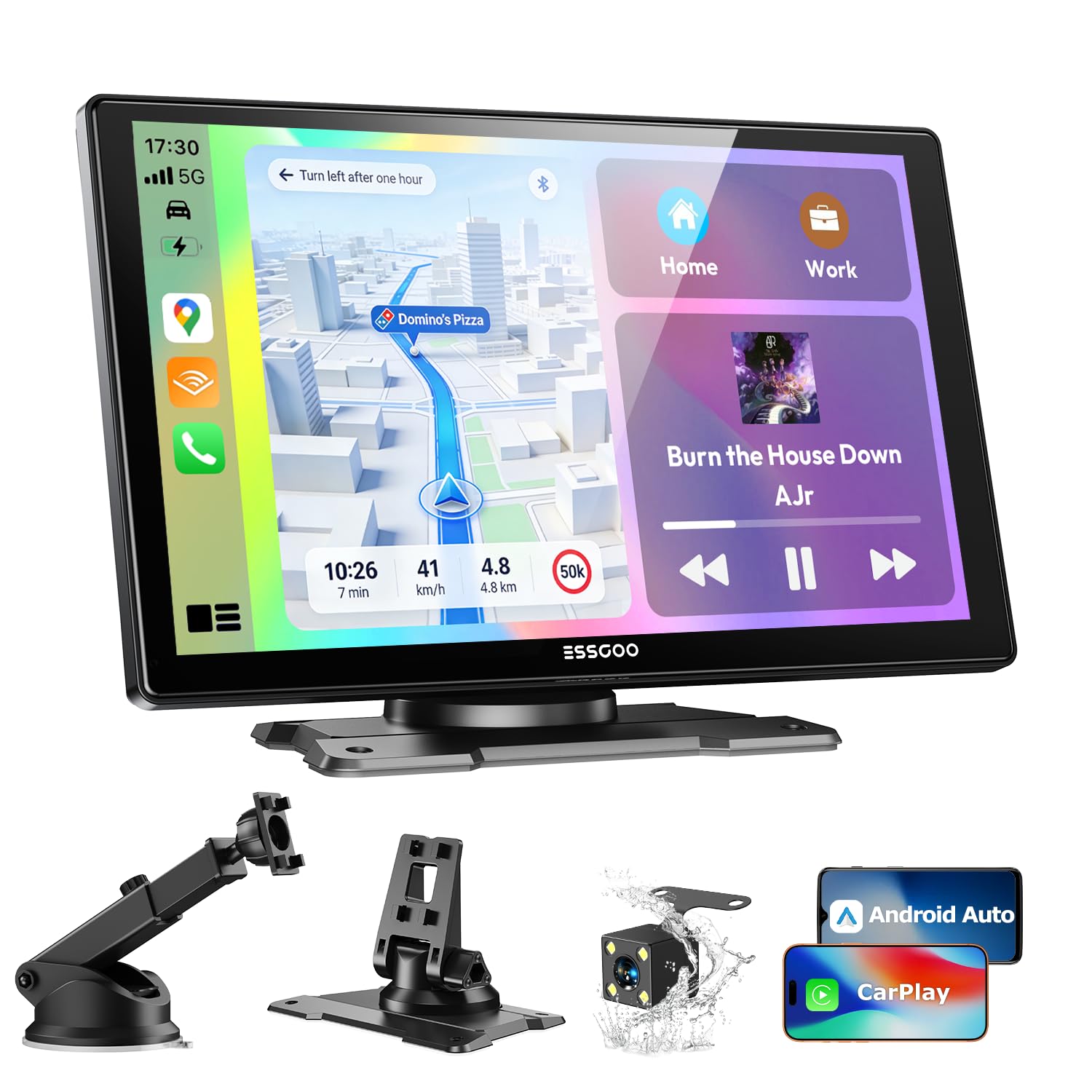 ESSGOO Carplay Android Auto Display mit Rückfahrkamera,9 Zoll Carplay Bildschirm für Apple/Android Auto/AirPlay/Mirror Link,Wireless Touchscreen GPS Navigation,mit Bluetooth5.3,AUX,FM,Sprachassistent