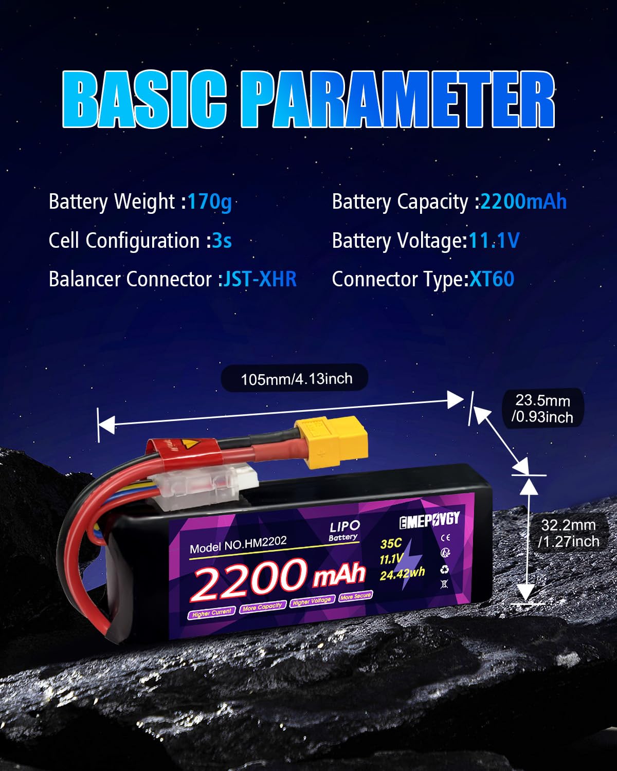 Batteria Lipo da 11,1 V 3S 2200 mAh 35C con spina XT60 per FPV Drone Quadcopter RC Airplane Aircraft (2 confezioni)
