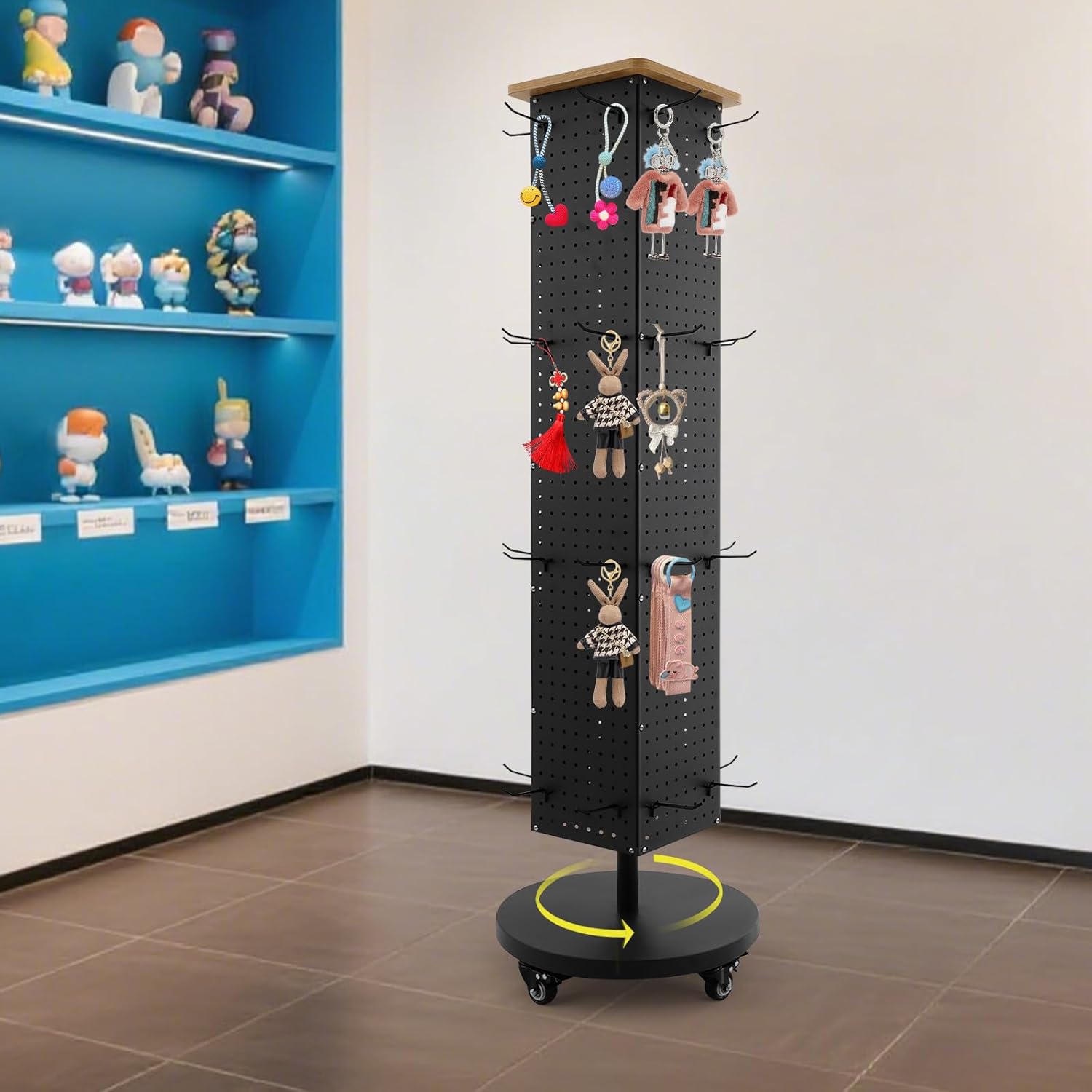 4-Sided Metal Floor Pegboard Spinner Rack with 30 Hooks, 360° Rotating Peg Board Display Stand with Wheels for Retail, Vendors Shows, Craft Rack Organizer for Jewelry Keychain
