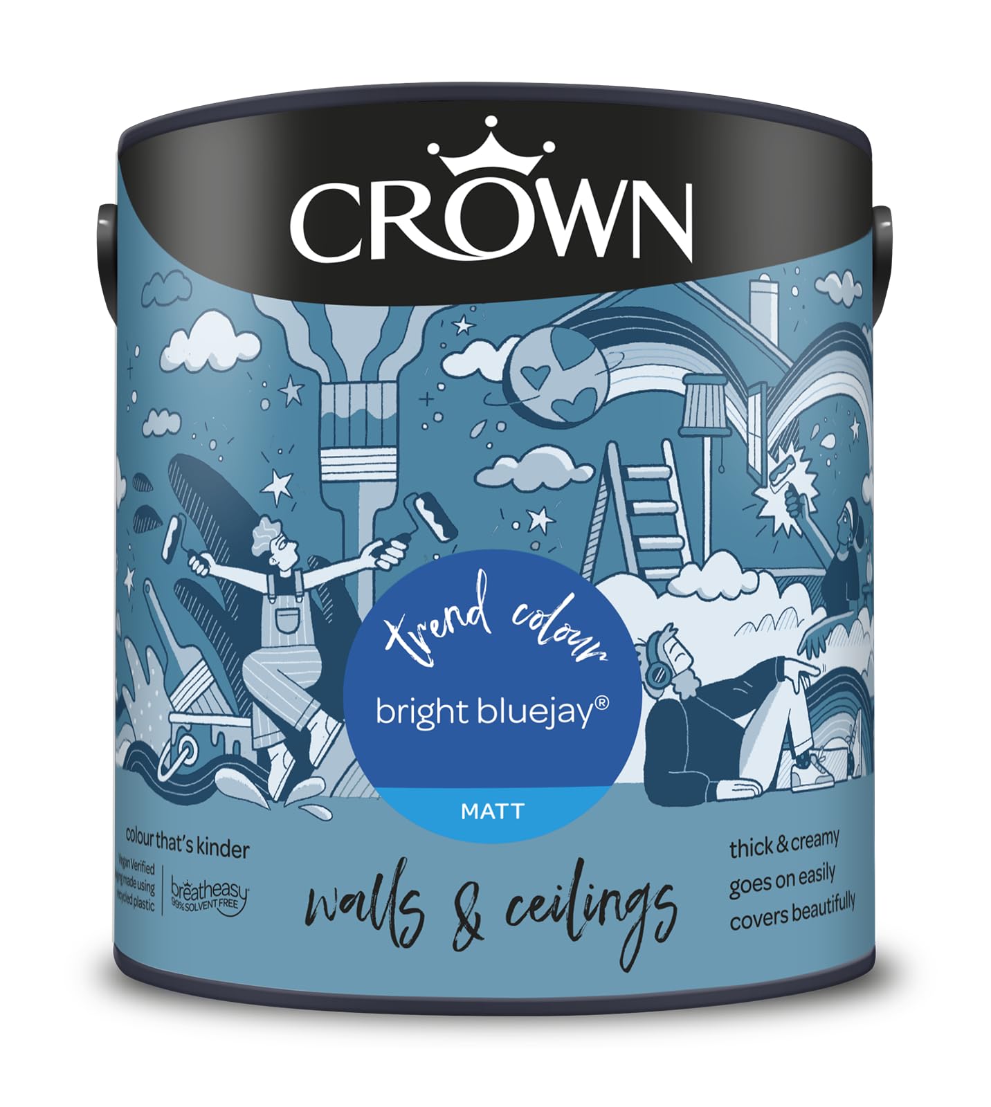 Crown Paints Crown Walls And Ceilings Bright Bluejay Matt Emulsion Paint 2.5L
