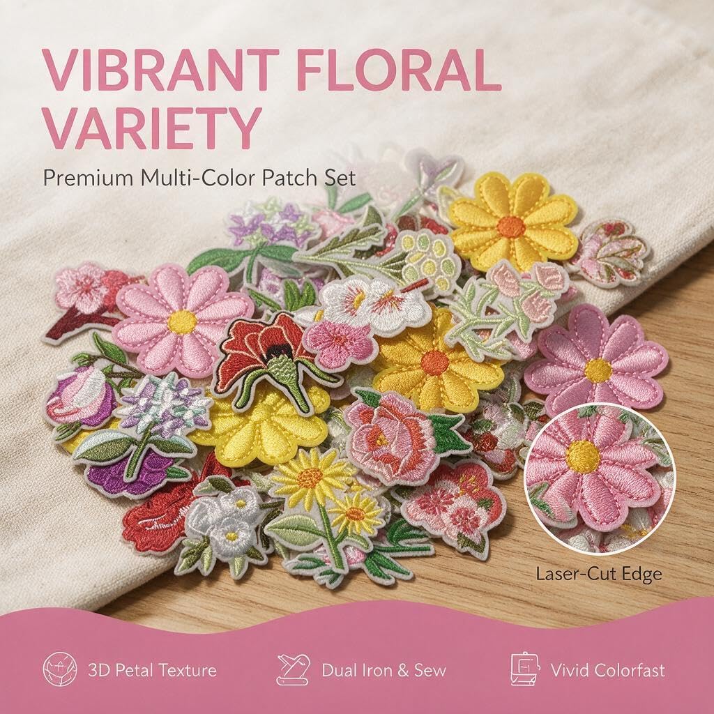 AXEN 36PCS Flower Iron on Patches, Retro Flower Themed Patches Embroidered Applique for Clothing, Jackets, Hats, Backpacks, Jeans