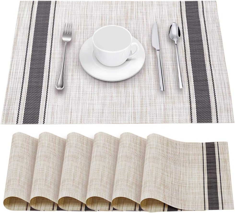 Table Mats Set of 6 Crossweave Woven Vinyl Placemats Heat Resistant Non-Slip Kitchen Placemats for Dining Table Washable Easy to Clean(Grey)