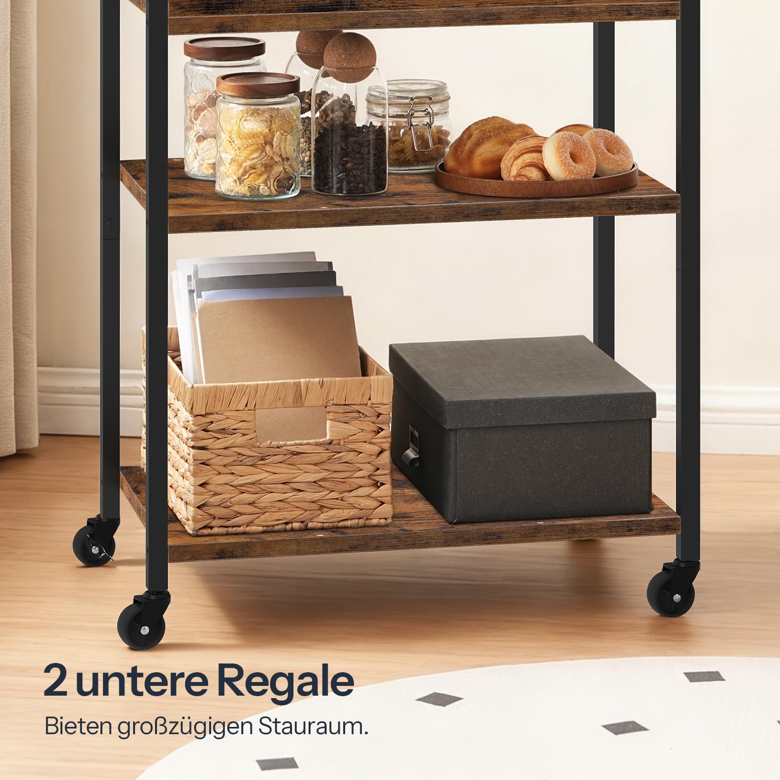 HOOBRO 3-stöckiger Servierwagen, Rollwagen mit Schutzkanten, Küchenwagen, Küchenregal, Barwagen, 64 x 40 x 85 cm, für Esszimmer, Wohnzimmer, Bars, Vintagebraun und Schwarz EBF64TC01