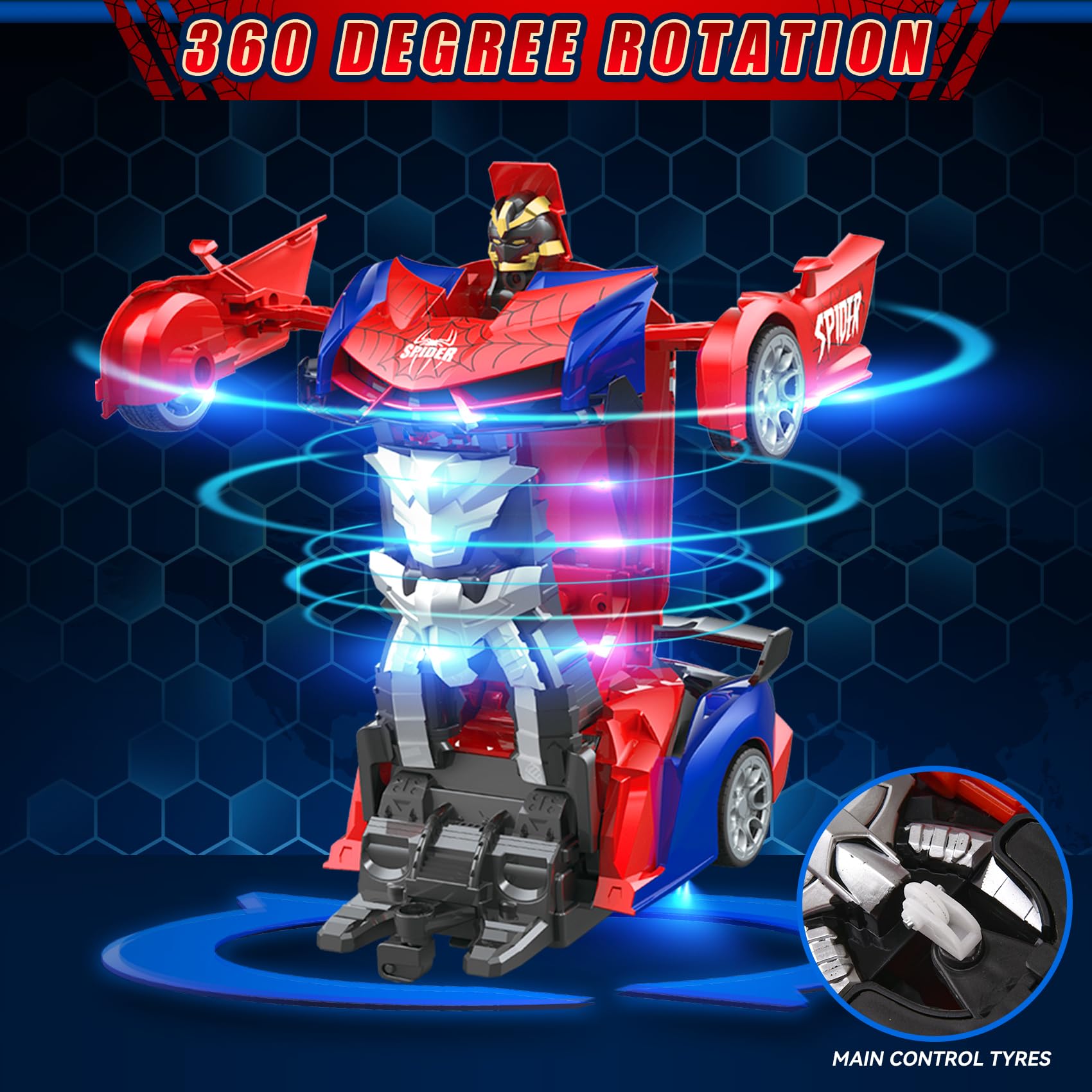 PATEMZON Voiture Télécommandée, Voiture Araignée Transformable avec 2 Batteries Rechargeables, 2.4GHz rc Drift pour Garçon Fille à Partir de 3 Ans Jeux Extérieur Cadeau Anniversaire Noël