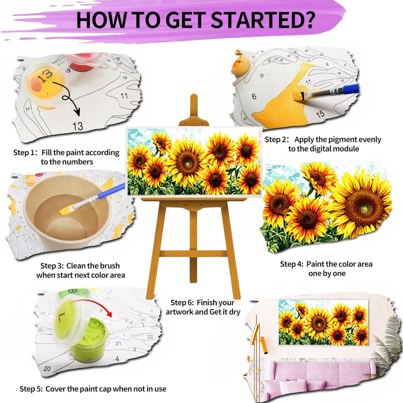 Malen nach Zahlen Kinder Sonnenblume, Malen Nach Zahlen Erwachsene, Geschenke für Mädchen Junge Bastelset, Malen nach Zahlen Blume | Malen nach Zahlen Ohne Rahmen, (60x120cm) Bastelset Erwachsene A-4