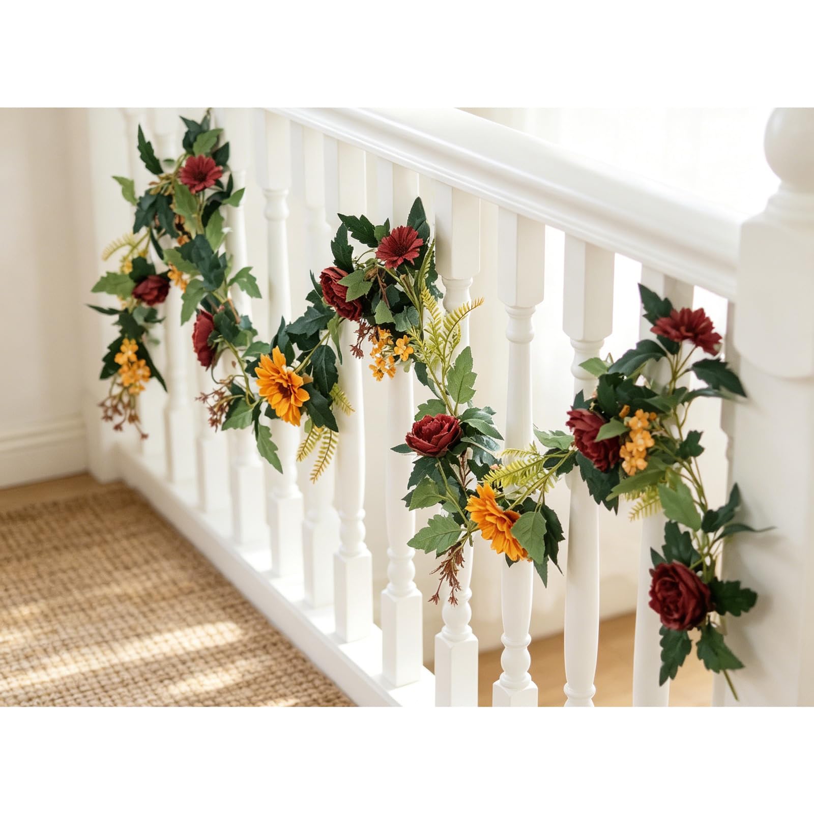 MAKHOT Künstliche Eukalyptus-Girlande mit Blumen, künstliche Rose, Schleierkraut, Rosengirlande, Dekoration, Blumengirlande, grüne Girlande für Hochzeit, Zuhause, Tischdekoration, Weiß, 3,5 m, 2 Stück