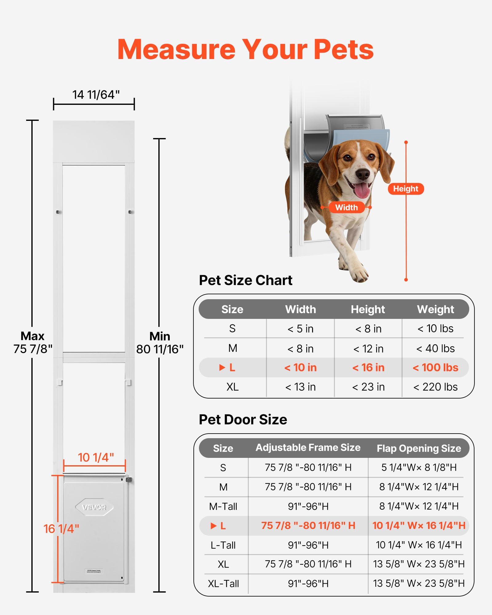 VEVOR Puerta Corrediza de Vidrio con Entrada para Perros, Altura Ajustable de 1927-2049 mm, Puerta para Mascota de 3 Capas 26 x 41,3 cm, Marco de Aleación de Aluminio, Compatible con Perros Grandes