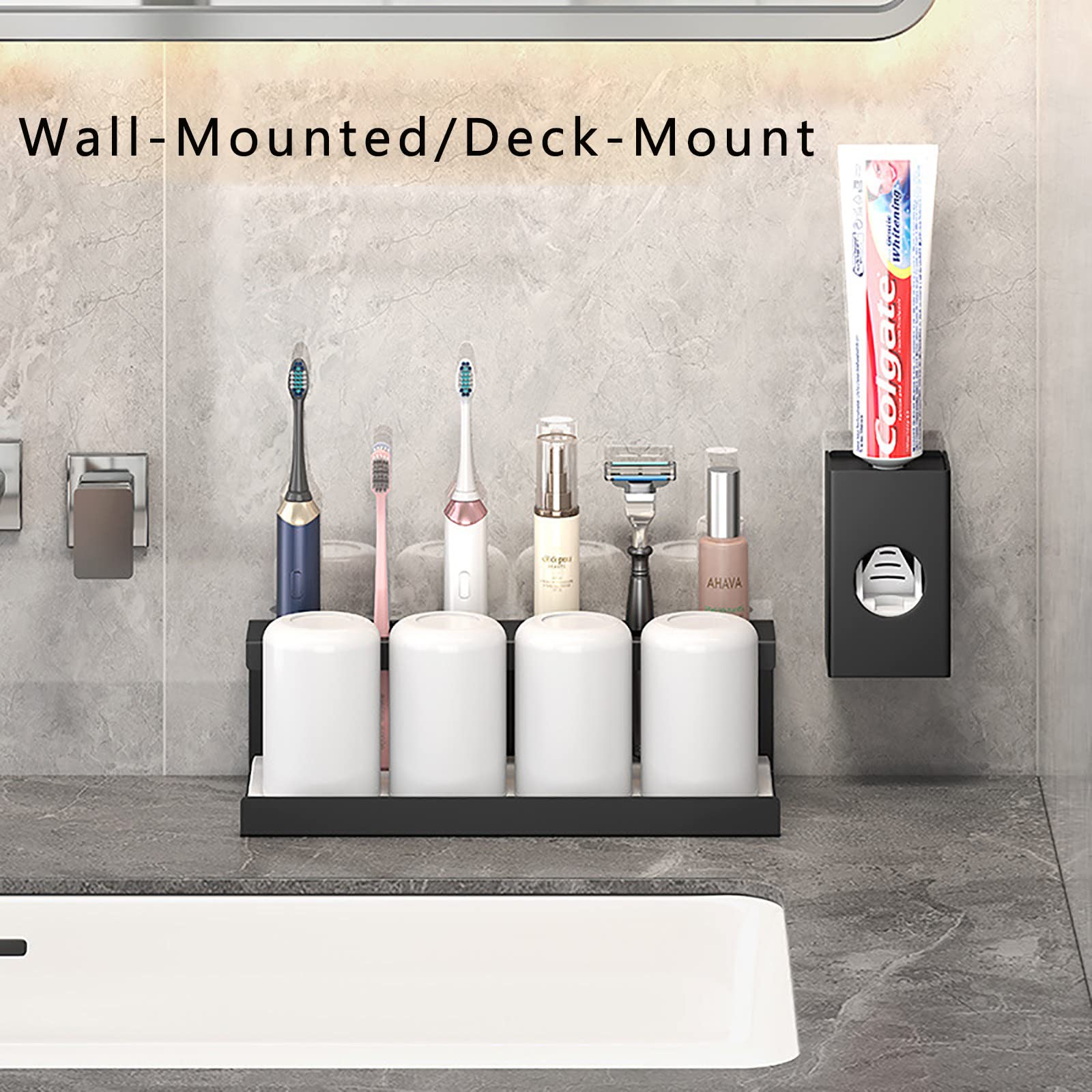 Porta Cepillo de Dientes, Soporte Cepillo de Dientes Eléctrico, Pared Estuche Cepillo Dientes con 4 Ranuras para Cepillos, Organizador Baño con Dispensador Pasta Dientes Negro