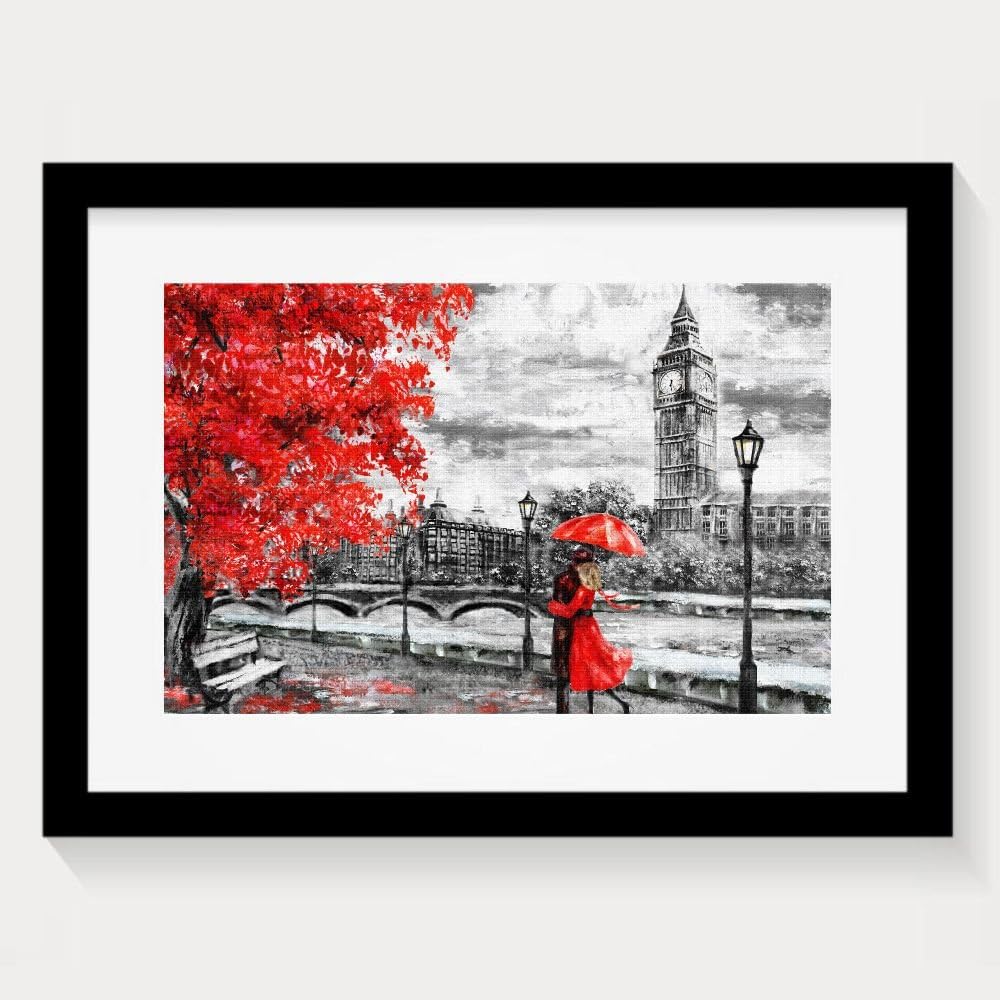 Paiwa5055 Funniest Oil Painting On Canvas Street Of London Artwork Big Ben Man And Woman Under An Red Umbrella Framed Wall Art Prints 16x20"