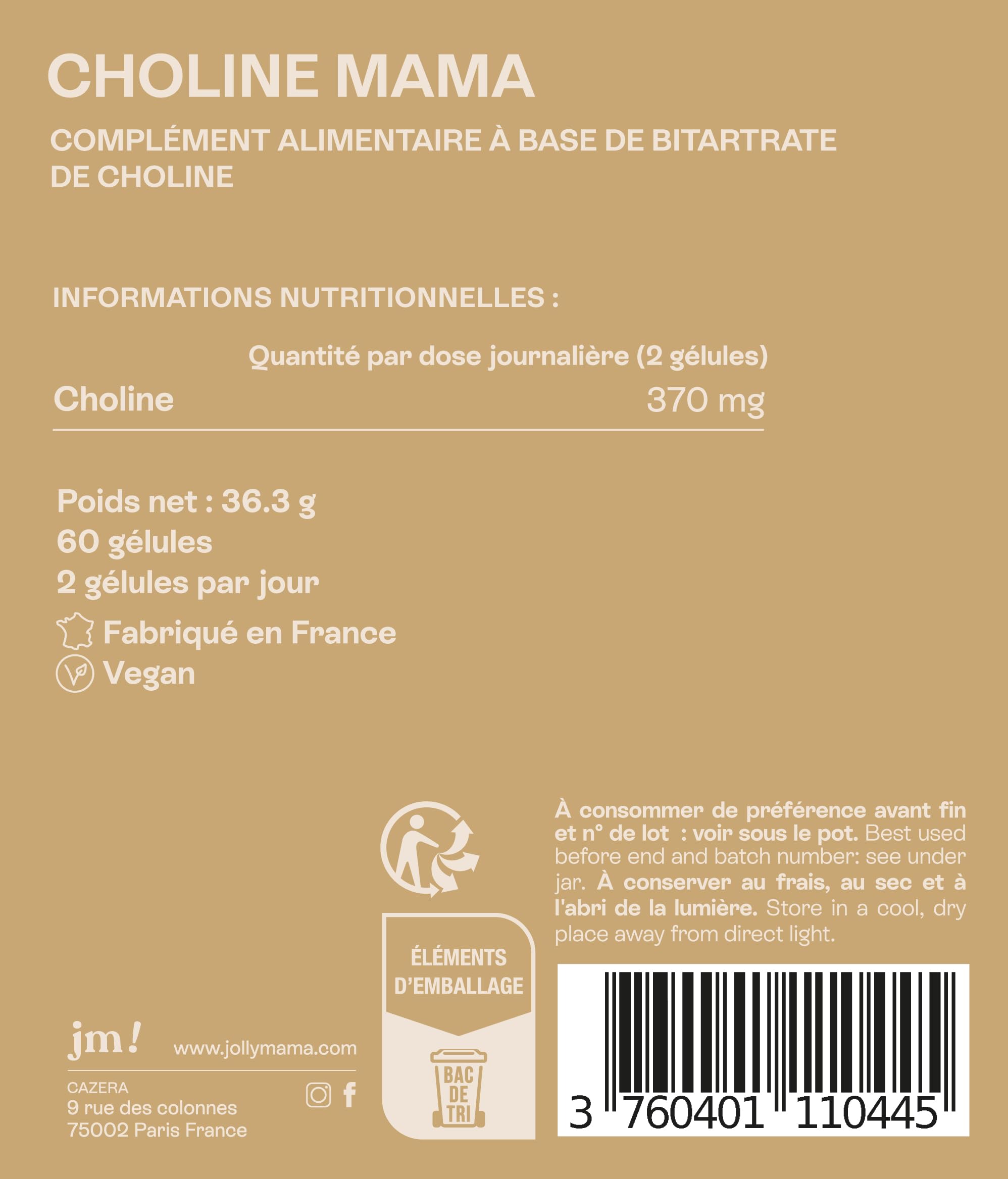 Jolly mama! Choline Mama | Bitartrate de Choline Brevetée | Vitacholine | Hautement Assimilable | Compatible Grossesse et Allaitement | Fabriqué en France | 60 Gélules