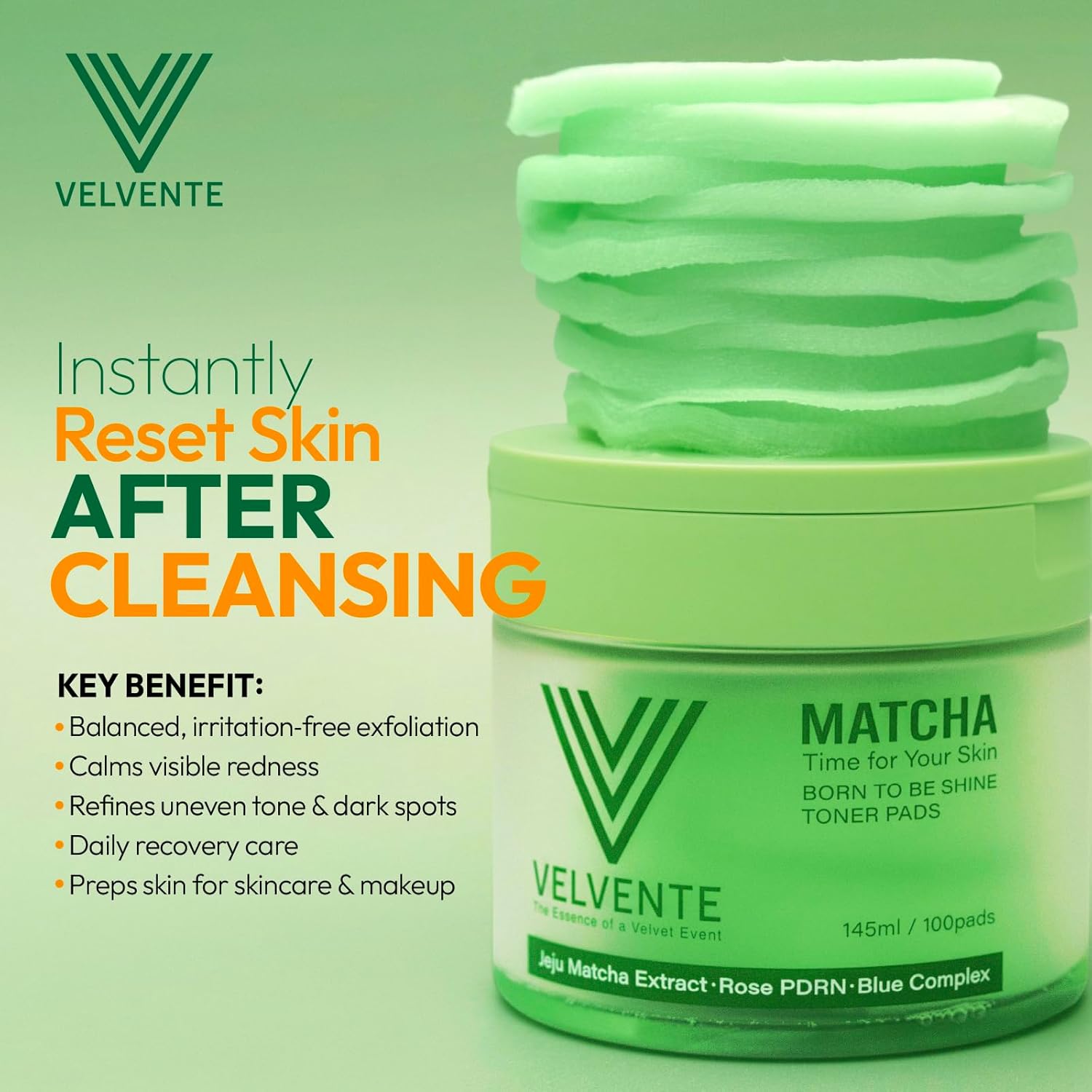 Matcha Toning Polish Face & Body Pads - Korean Skincare for Dark Spots, Dull Skin & Redness, Green Tea Hydrating Facial Pads with Rose PDRN, Peptides & Hyaluronic Acid Recovery & Refining, 100 Count - Image 3