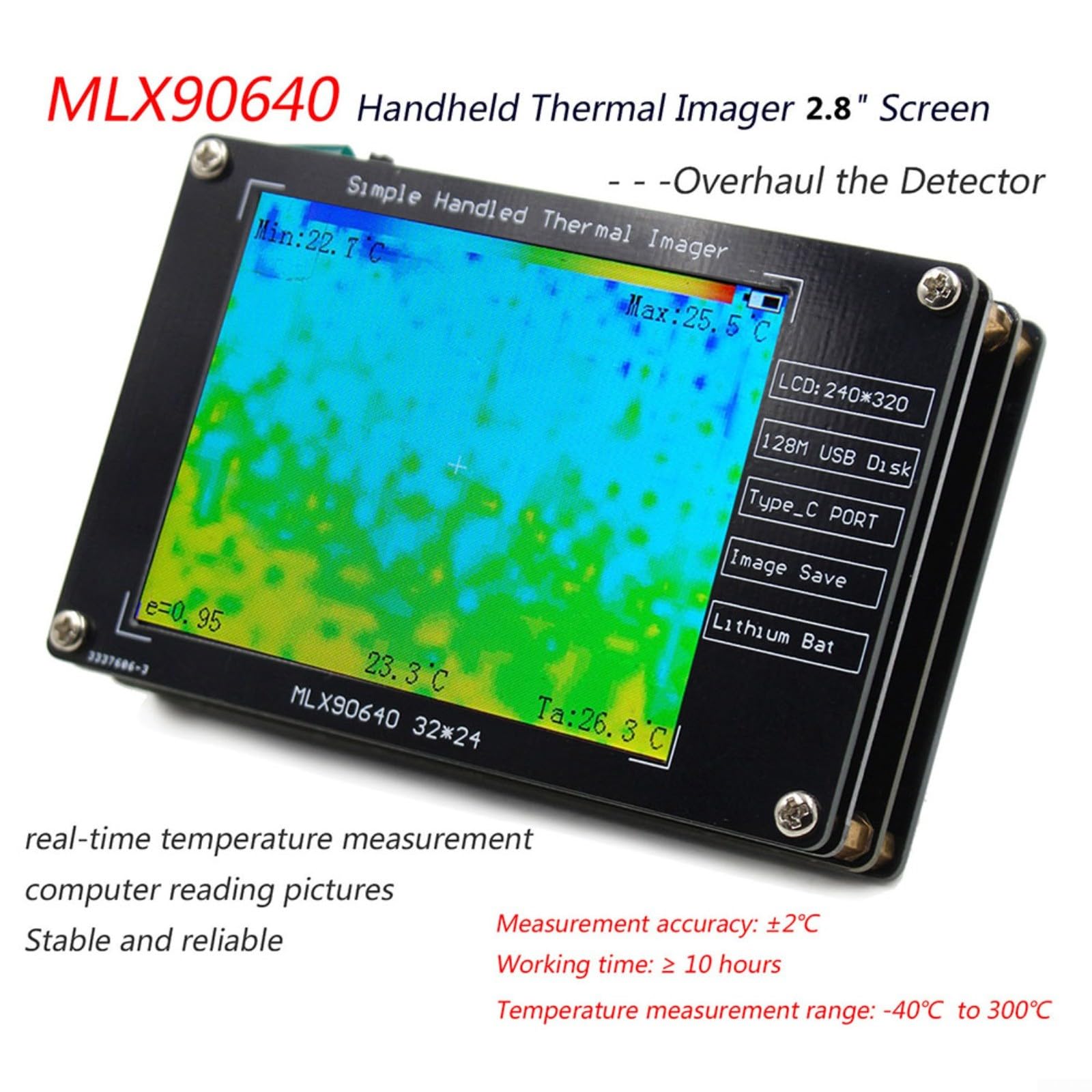 MLX90640 Cámara infrarroja de mano de imagen térmica, pantalla TFT de 28 pulgadas, sensor de 32 x 24, rango de temperatura de -40 ~ 300 ℃, recargable, para uso doméstico e industrial (largo