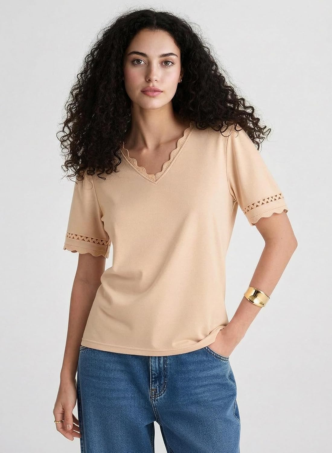 Dokotoo Womens Tops Summer Casual Short Sleeve V Neck Lace Shirts Dressy Eyelet Embroidery Blouses - Image 6