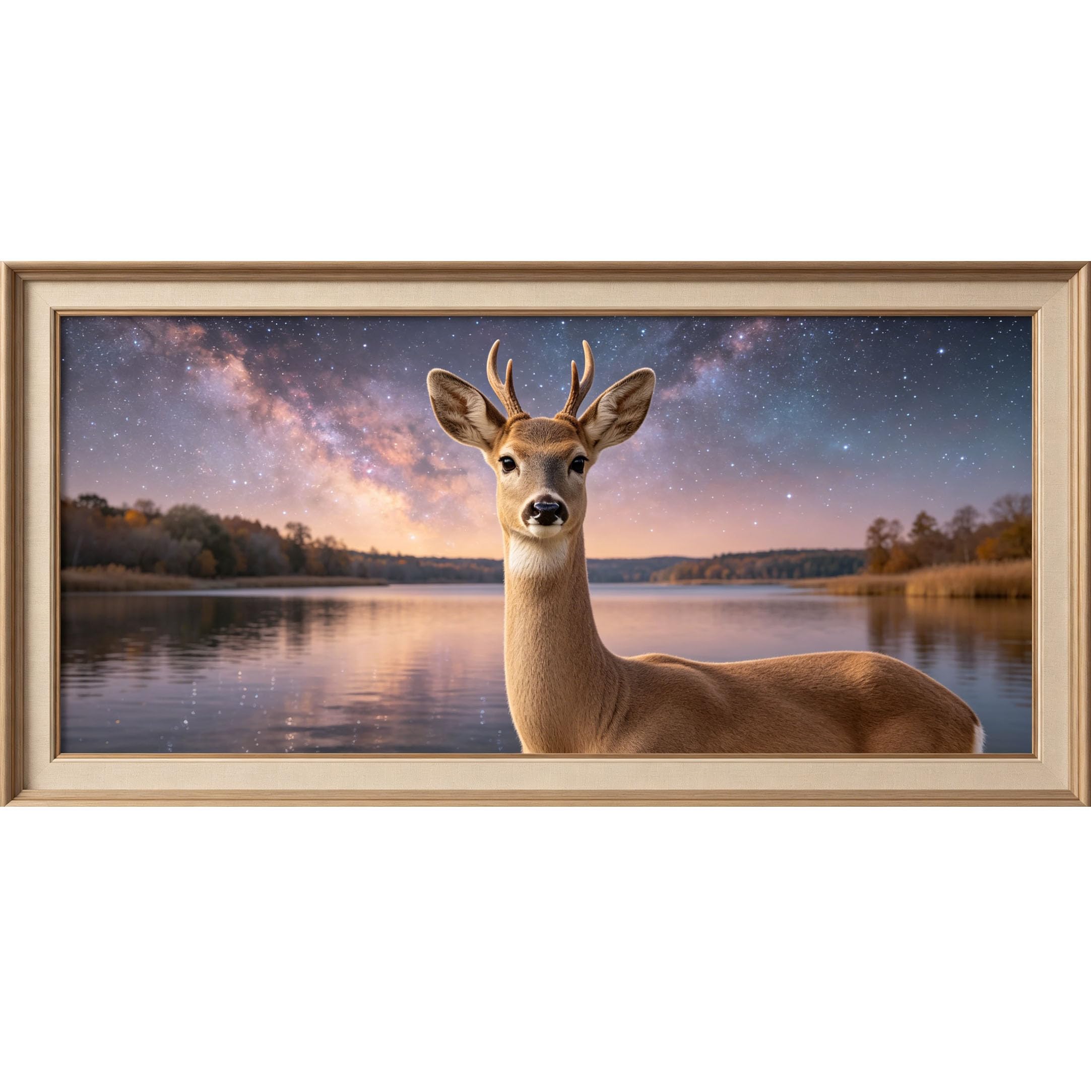 Agglomerix 3D Framed Wall Art Deer Lake Galaxy Night Sky Landscape Wildlife Forest Reflection Large Size Self-Adhesive Removable Wall Decor Prints Artwork for Living Room Bedroom Office