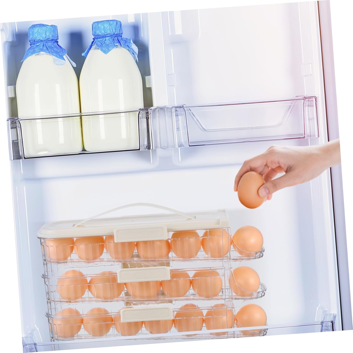 Uonlytech Holder Container for Refrigerator Triple Organizer Carry Handle Rolling for Neat Storage Creamy for Fridge Door Use