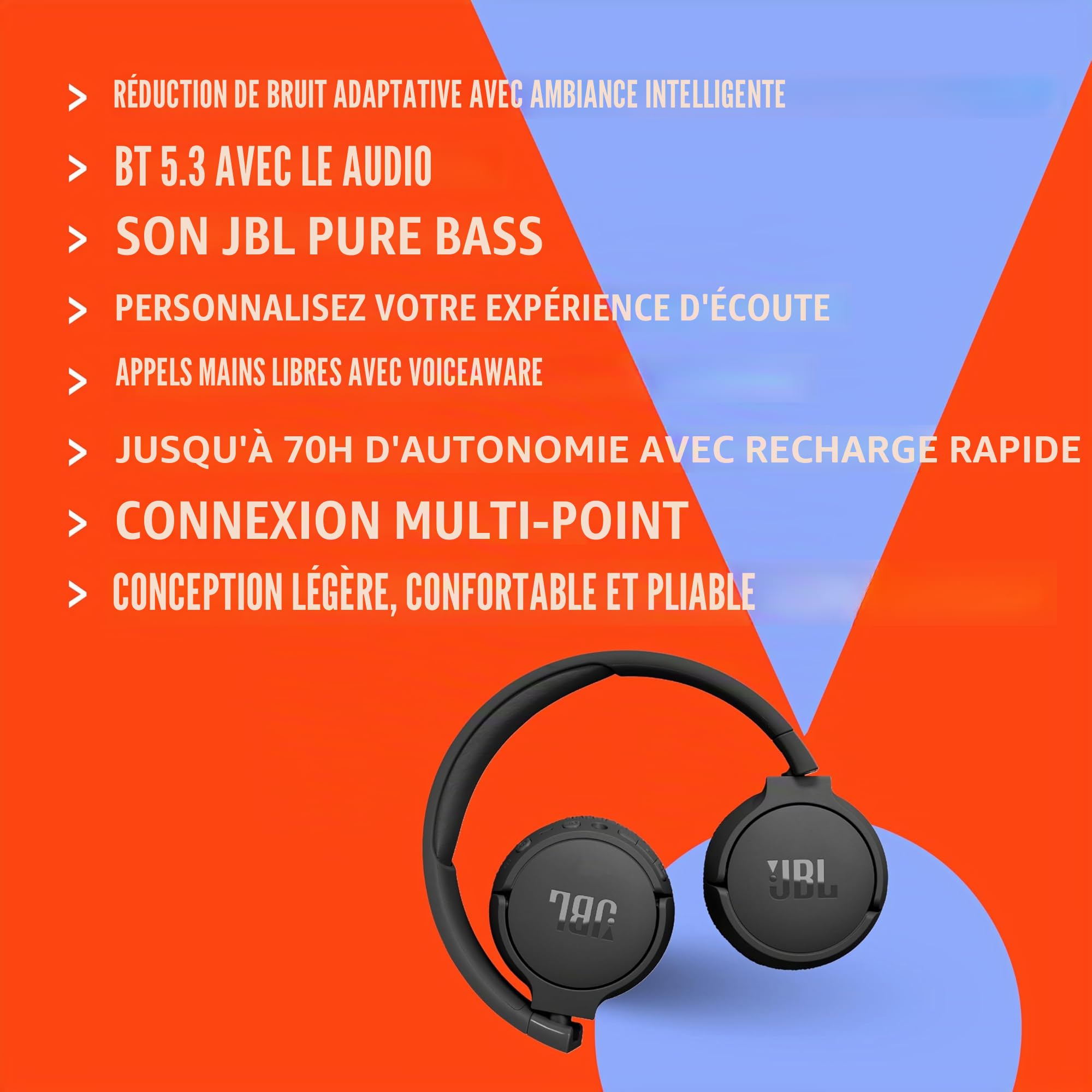 JBL Tune 670NC - Casque supra-auriculaire sans fil avec suppression intelligente du bruit adaptative, autonomie jusqu'à 70H avec charge rapide, design léger, confortable et pliable (Noir)