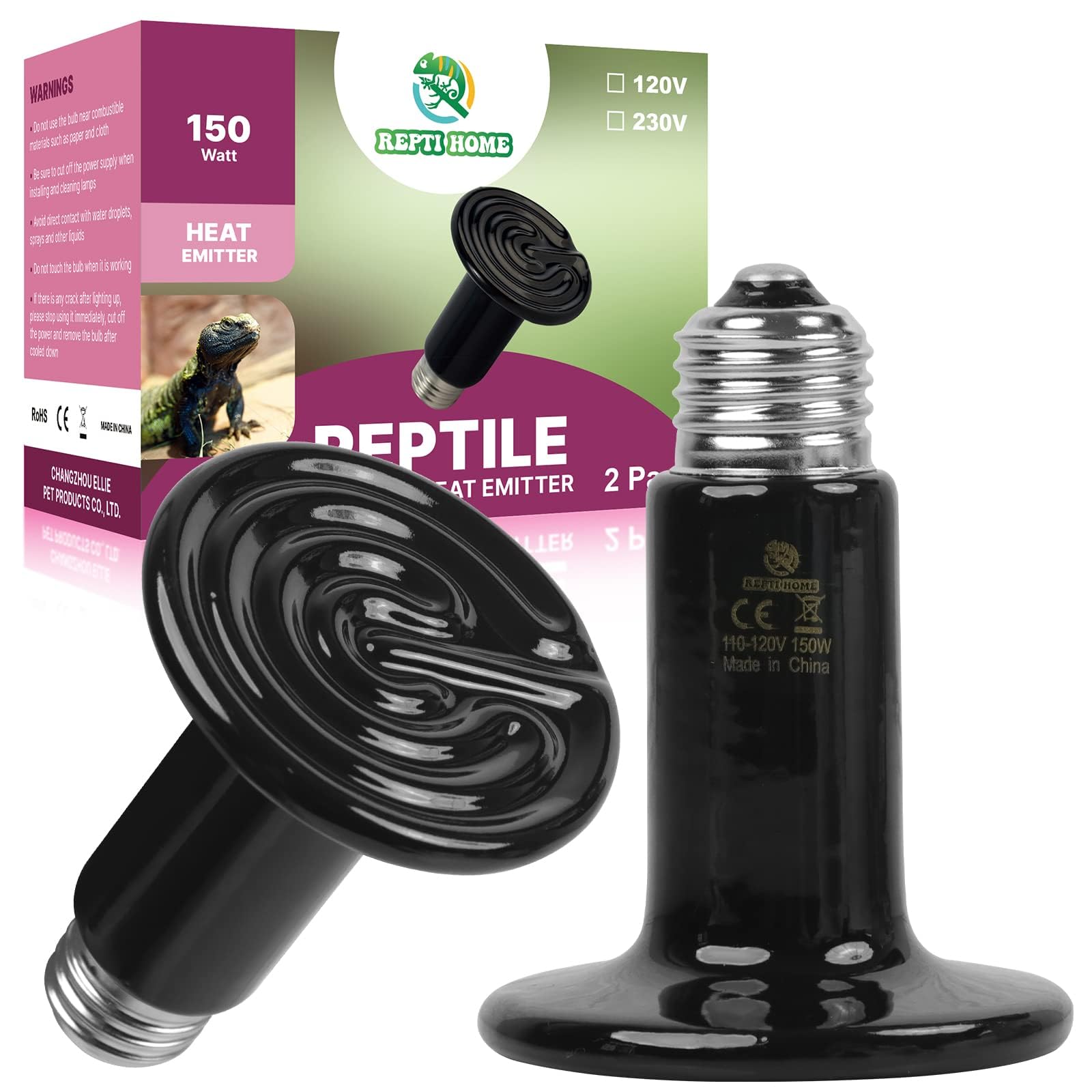 REPTI HOME Reptile Heat Lamp, Ceramic Heat Emitter E27 150W-2Pack, Ceramic Heat Bulb for Terrarium Light Reptiles, Lizards
