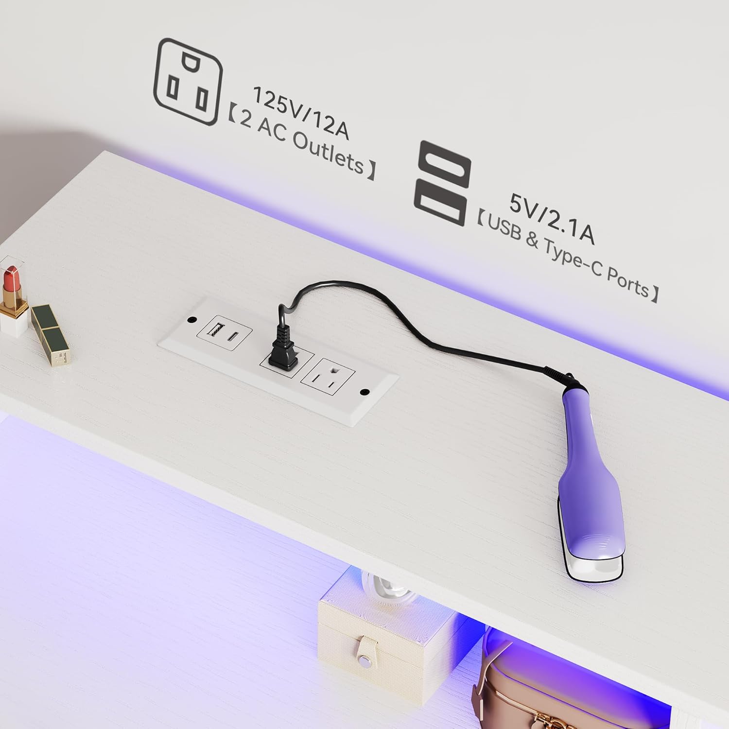 Close-up of the built-in power strip with AC, USB, and Type-C outlets