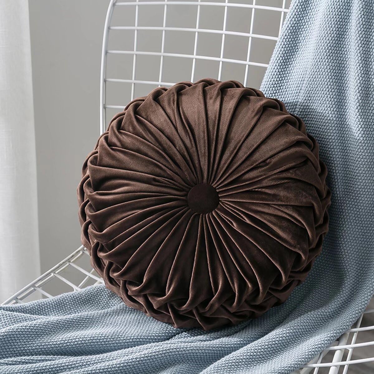 HLOVME Round Velvet Pillow for Couch Small Handmade Decorative Throw Pillow for Bed Bedroom 13.7” Brown