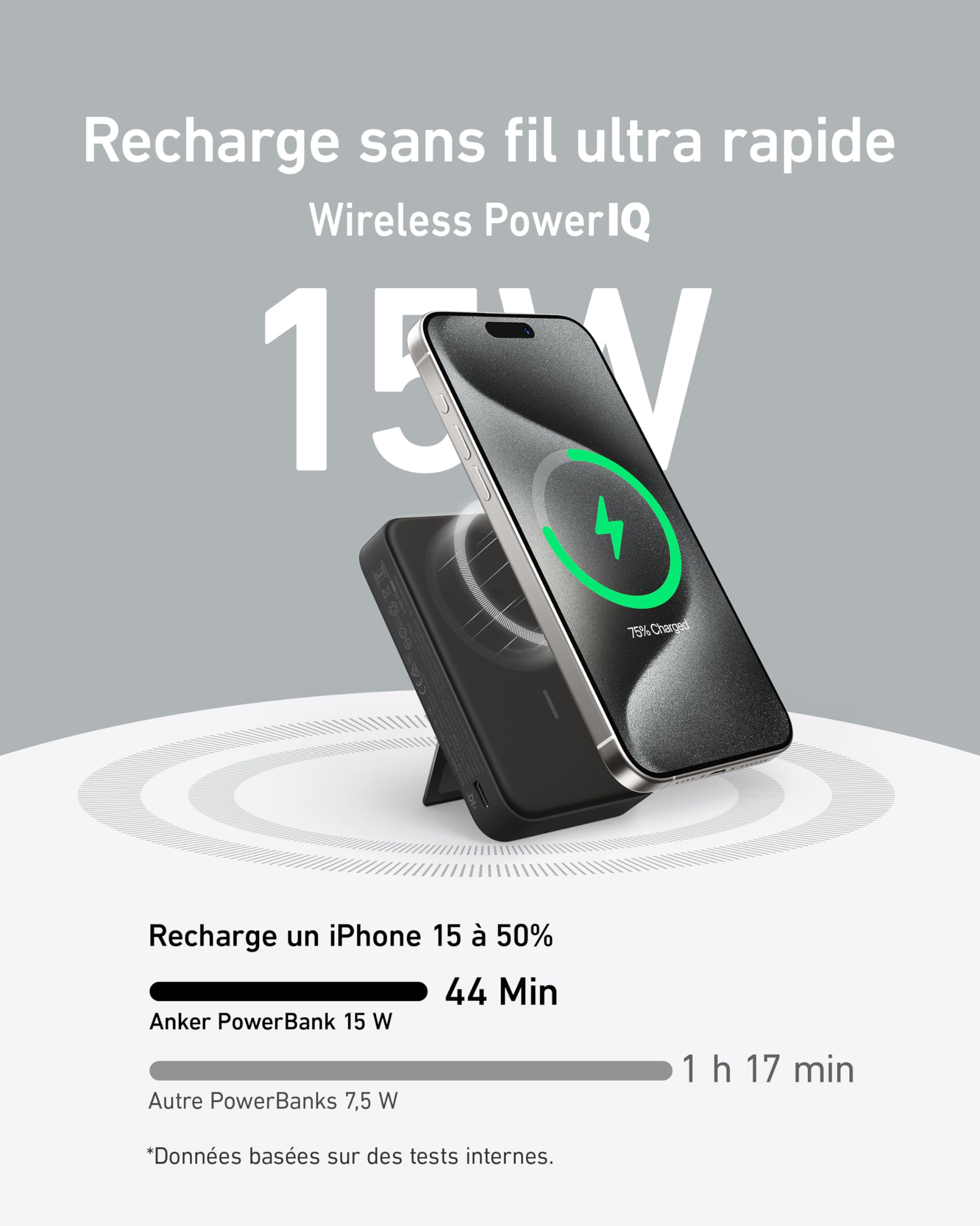 Anker MagGo Qi2 Batterie Externe magnétique 10000 mAh 15 W Compatible avec Magsafe iPhone 17 16 15 14 Air Plus Pro Max USB C Chargeur Portable à Charge Rapide (câble USB-C Inclus)