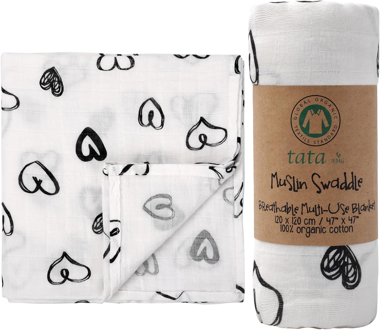 TATA AMG® 100% Organic Muslin Cotton Baby Swaddle Blanket – Soft & Breathable Receiving Blanket for Newborns, Girls & Boys – Large 47×47 | Multipurpose Baby Essentials | Pre-Washed & Gentle on Skin