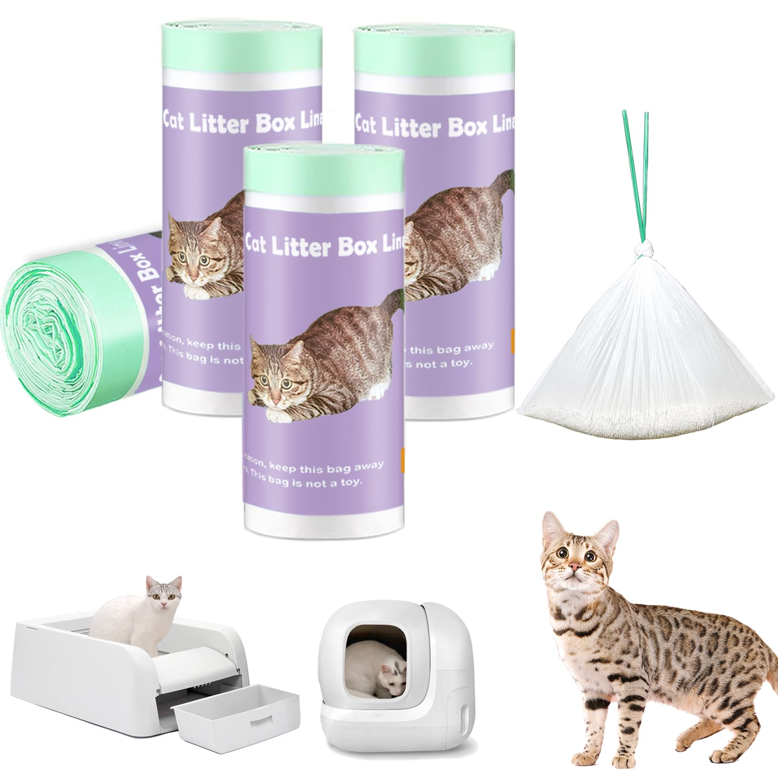 Paquete de 100 bolsas de arena para gatos compatibles con caja de arena para gatos autolimpiable, forro grueso y resistente con cordón compatible con caja de arena automática PURA X/MAX de 23 x 12