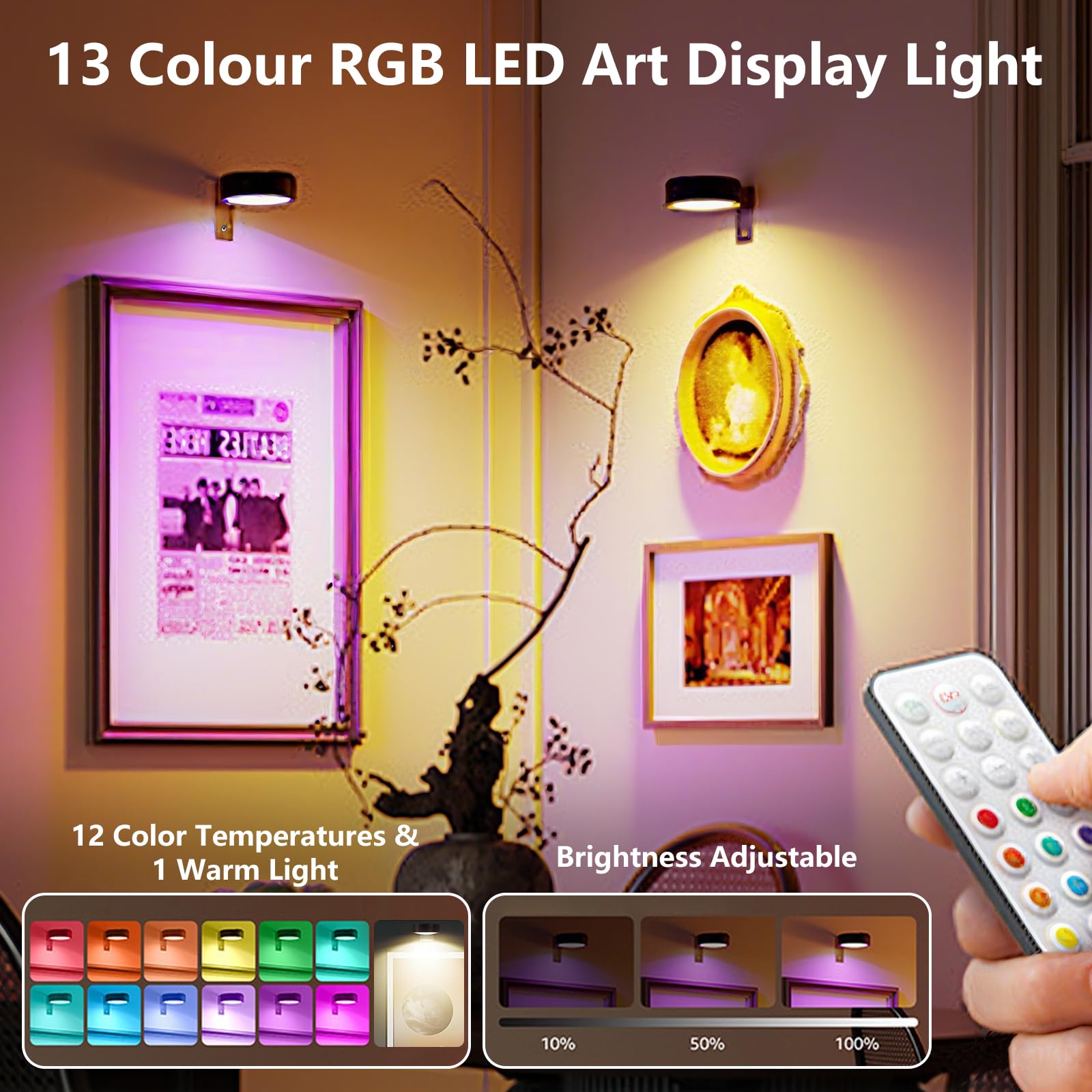 Kottwca 4 Pack Picture Lights for Wall 13 Colors Rechargeable Wall Lights Indoor - Image 2