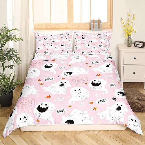 Feelyou Juego de funda de edredón de Halloween, color rosa fantasma, juego de ropa de cama tamaño individual, decoración para niños y niñas, feliz y