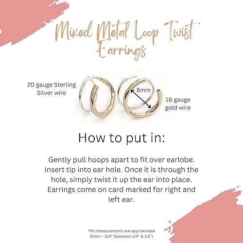 Miniatura 5 de Handmade TINY Mixed Metal Twist Loop Earrings Double Hoop for Single Piercing Gold Sterling Silver Spiral Illusion